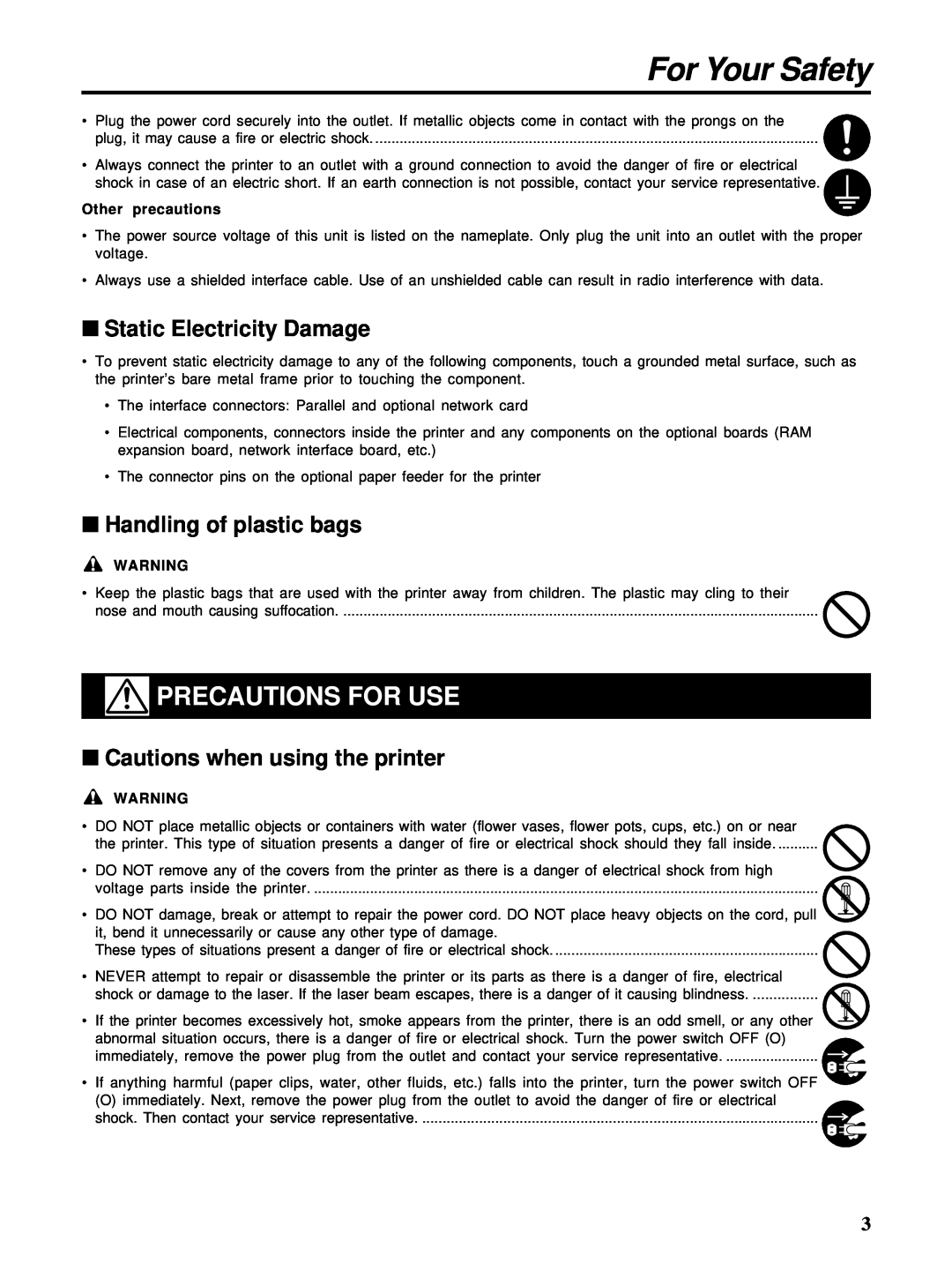 HP Ci 1100 manual Precautions For Use, Static Electricity Damage, Handling of plastic bags, Cautions when using the printer 