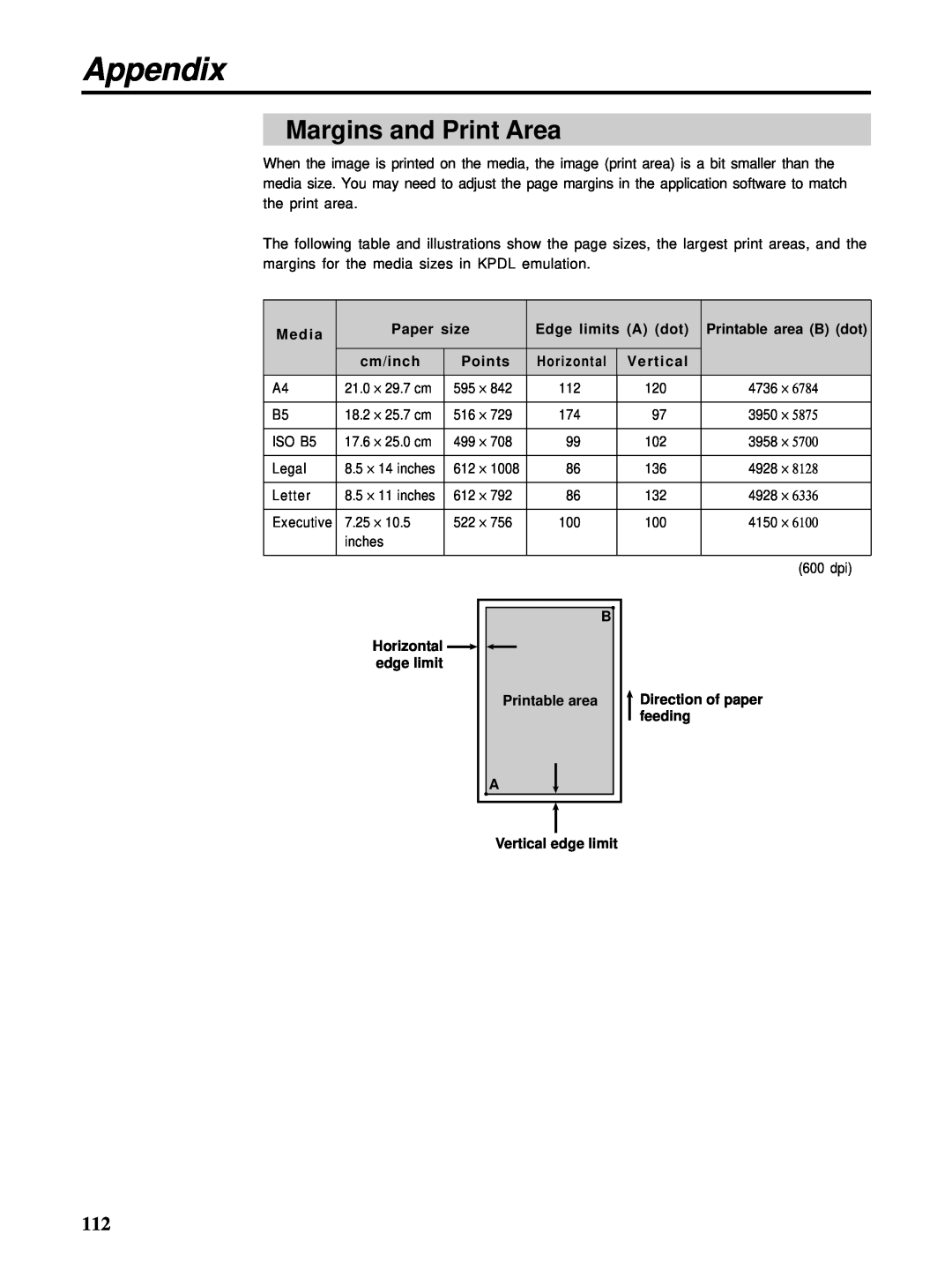 HP Ci 1100 manual Margins and Print Area, Appendix, 21.0, 18.2, 17.6, 8.5 ⋅ 14 inches, 612 ⋅, 8.5 ⋅ 11 inches, 7.25 