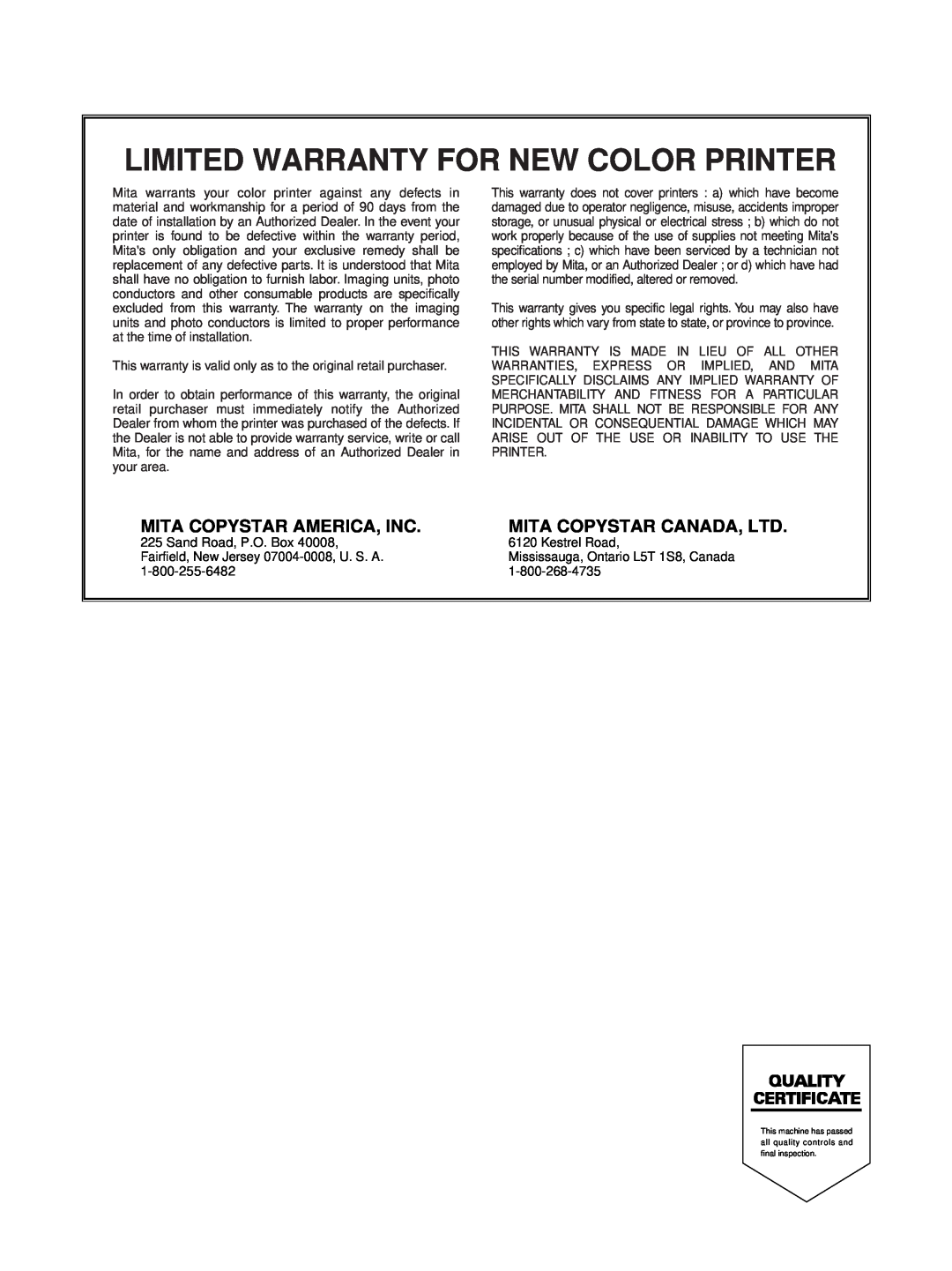 HP Ci 1100 manual Limited Warranty For New Color Printer, Mita Copystar America, Inc 