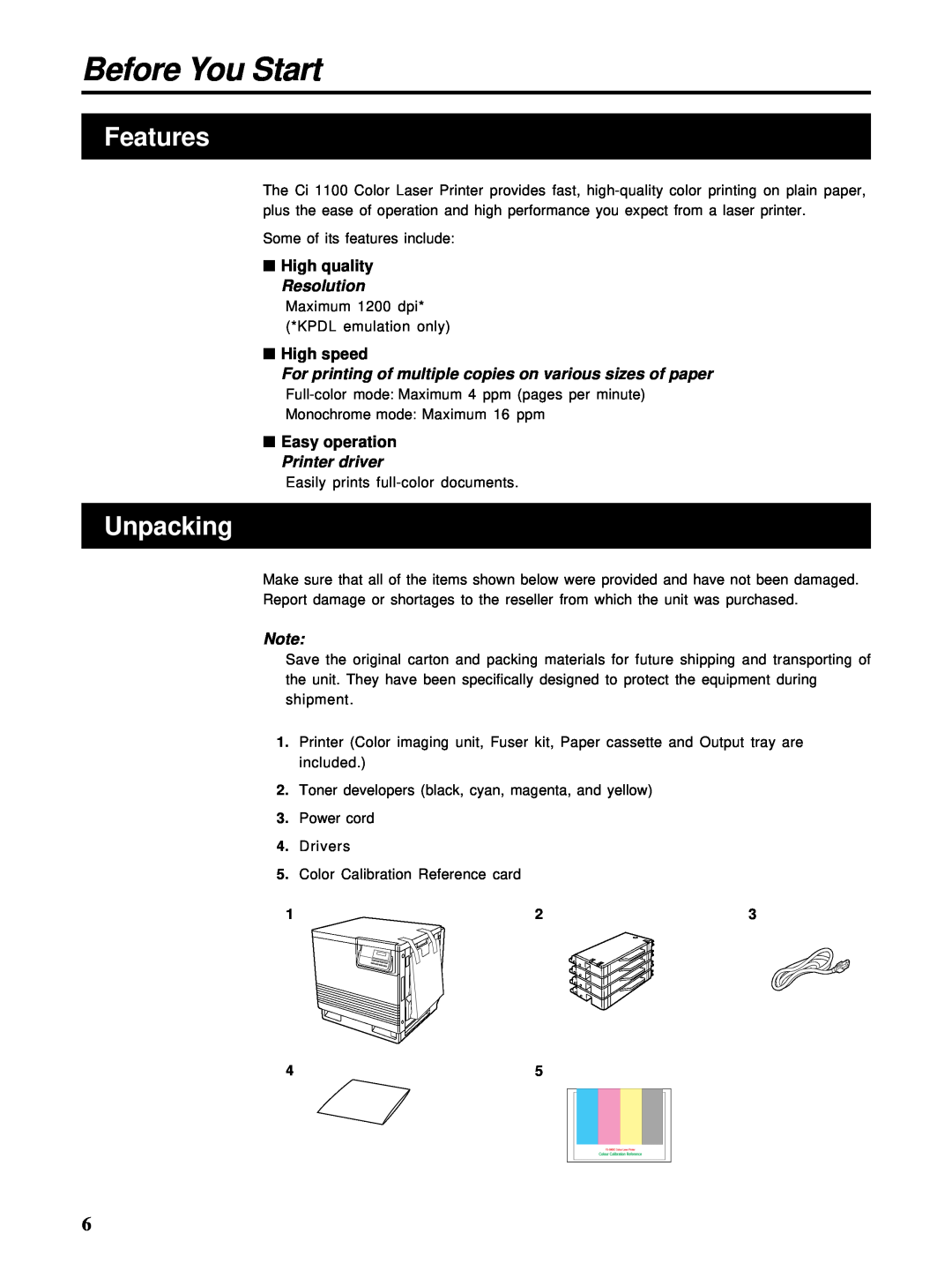 HP Ci 1100 manual Before You Start, Features, Unpacking, For printing of multiple copies on various sizes of paper 