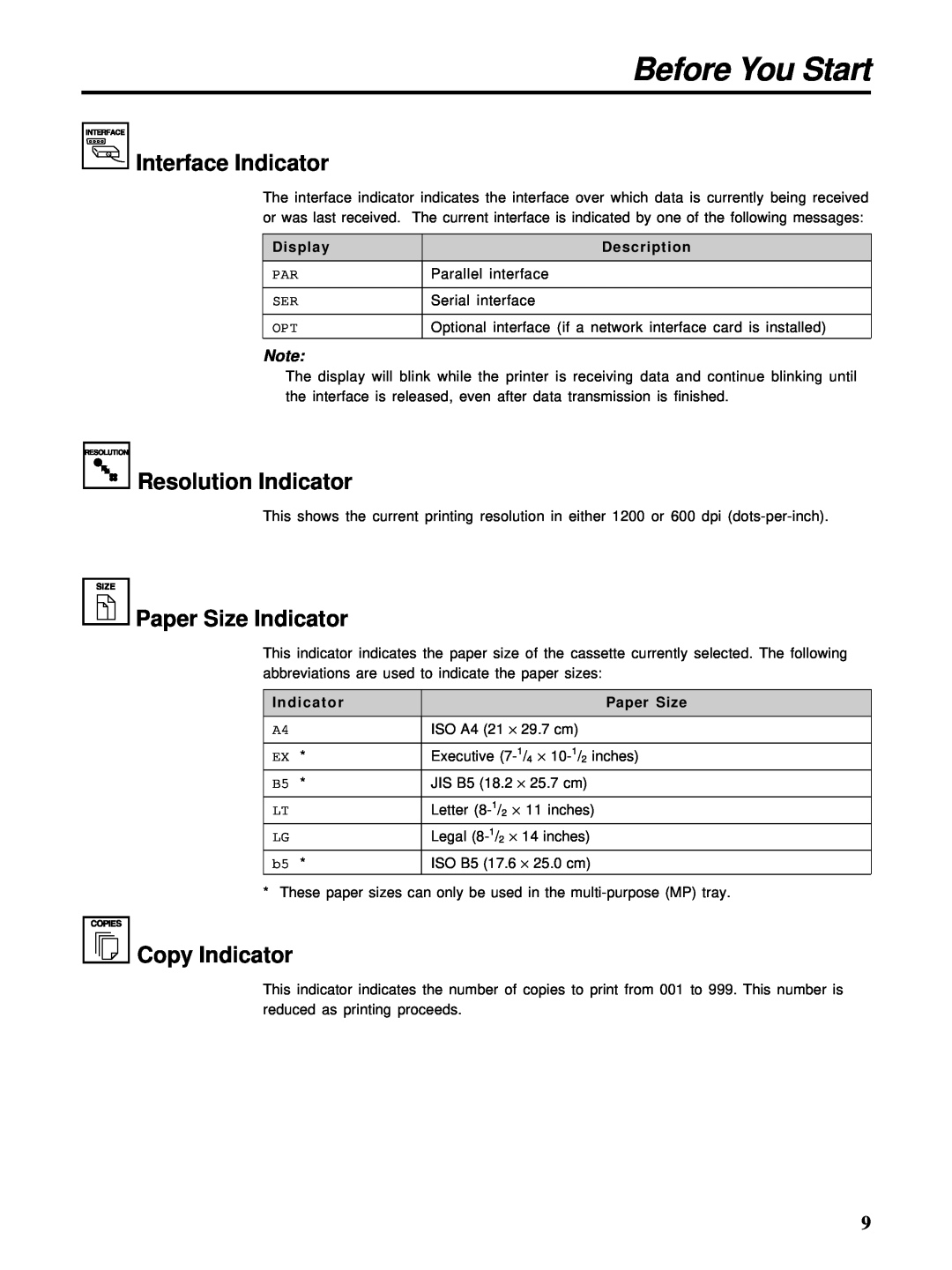 HP Ci 1100 manual Interface Indicator, Resolution Indicator, Paper Size Indicator, Copy Indicator, Before You Start 