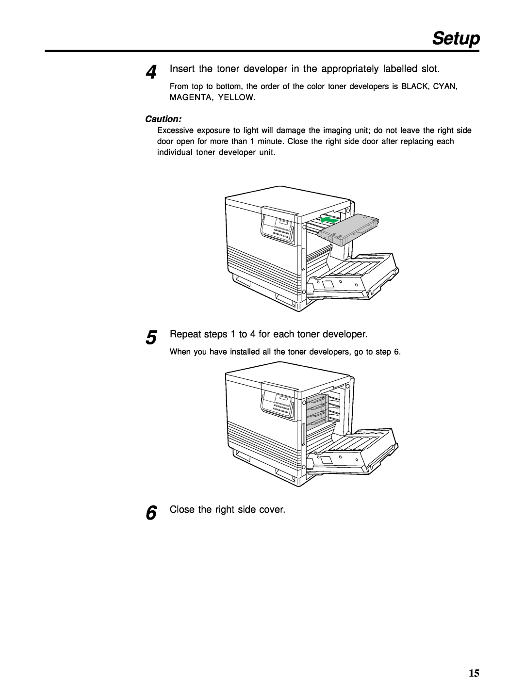 HP Ci 1100 manual Setup, Insert the toner developer in the appropriately labelled slot, Close the right side cover 
