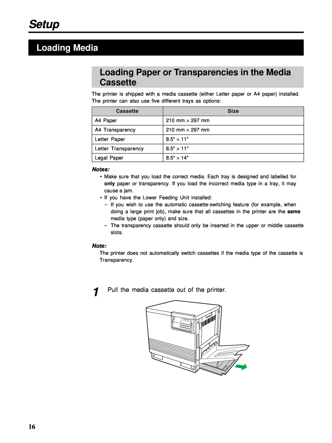HP Ci 1100 manual Loading Media, Loading Paper or Transparencies in the Media Cassette, Setup 