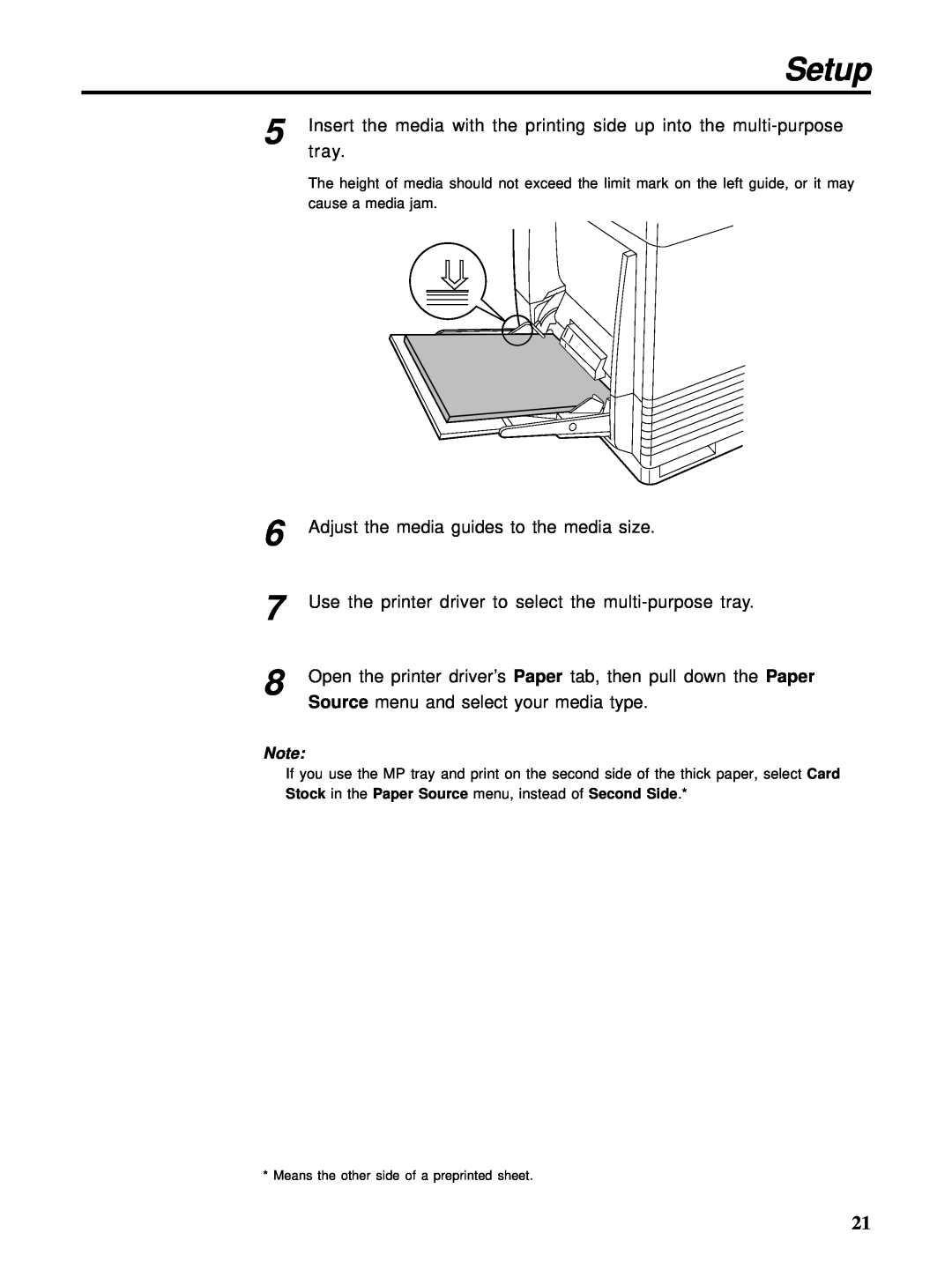 HP Ci 1100 manual Setup, Insert the media with the printing side up into the multi-purpose 