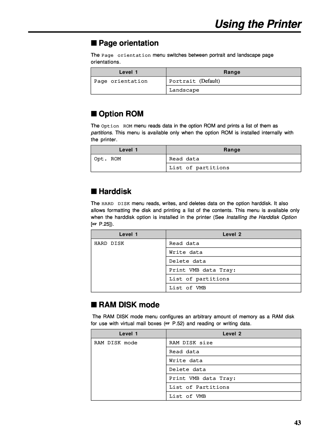 HP Ci 1100 manual Page orientation, Option ROM, Harddisk, RAM DISK mode, Using the Printer 