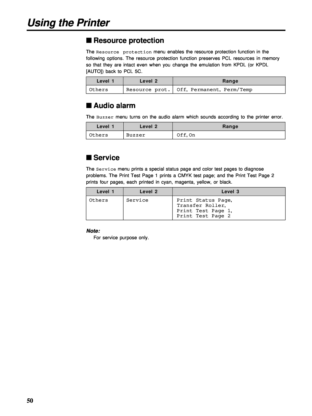 HP Ci 1100 manual Resource protection, Audio alarm, Service, Using the Printer 