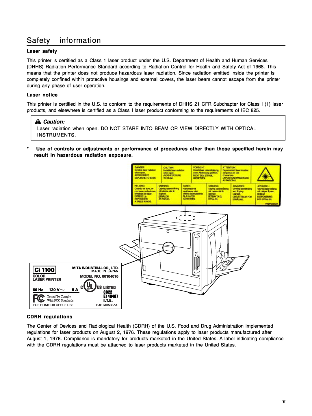 HP Ci 1100 manual Safety information, Laser safety, Laser notice, CDRH regulations 