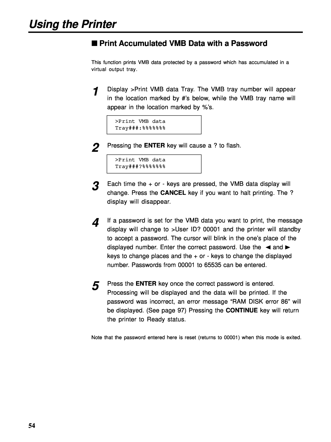 HP Ci 1100 manual Print Accumulated VMB Data with a Password, Using the Printer 