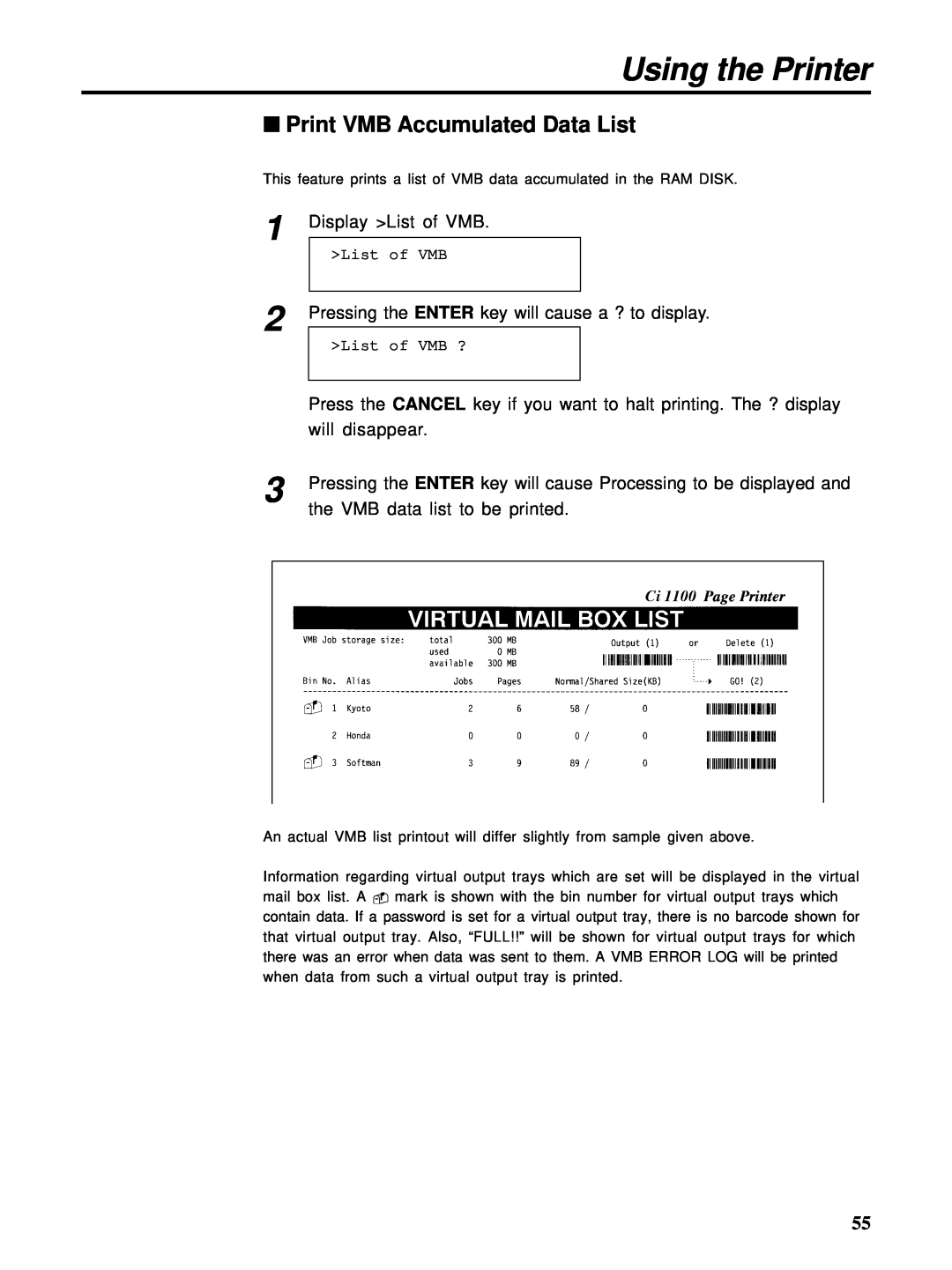HP Ci 1100 manual Print VMB Accumulated Data List, Using the Printer, Display List of VMB 