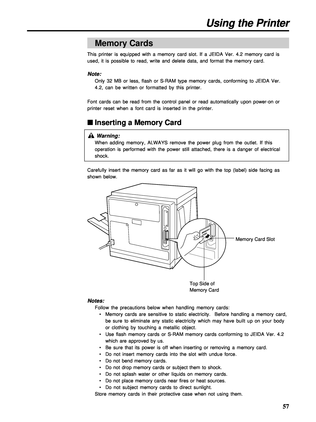 HP Ci 1100 manual Memory Cards, Inserting a Memory Card, Using the Printer 