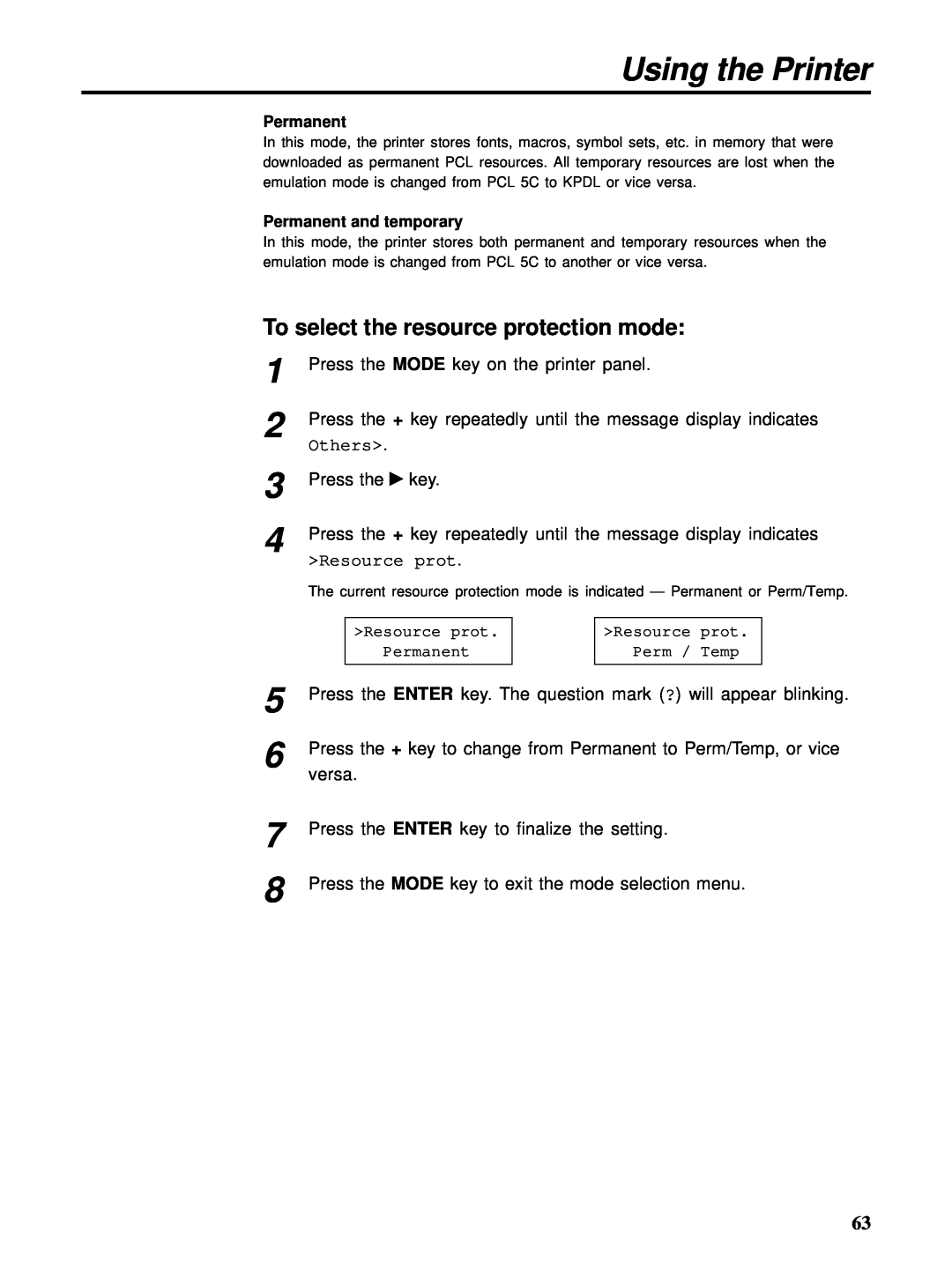 HP Ci 1100 manual To select the resource protection mode, Using the Printer, Permanent and temporary 