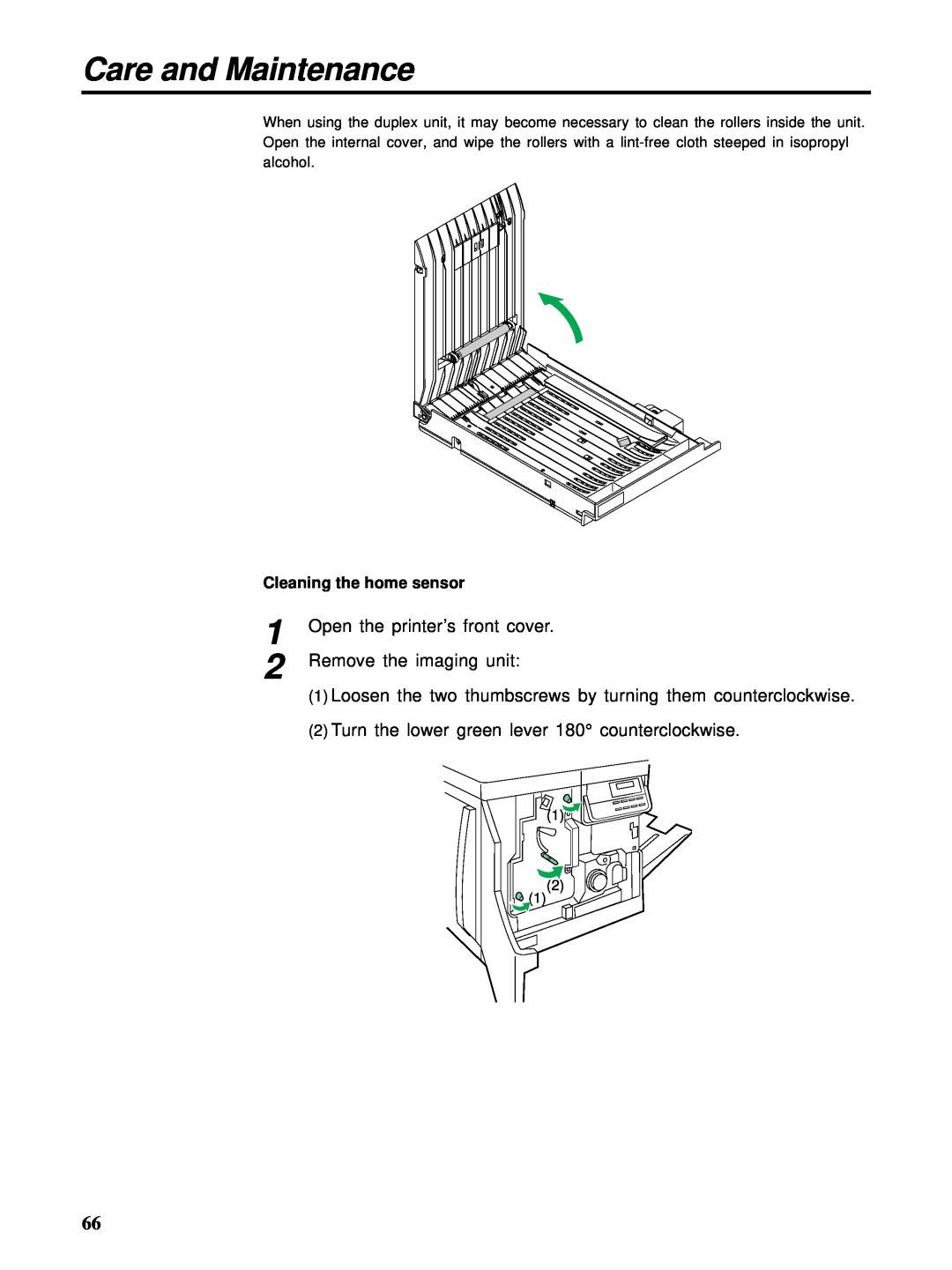 HP Ci 1100 manual Care and Maintenance, Open the printer’s front cover Remove the imaging unit, Cleaning the home sensor 