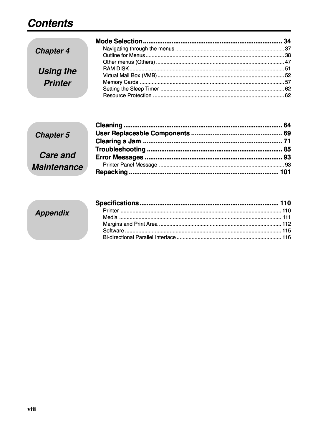 HP Ci 1100 manual Contents, Using the Printer, Care and Maintenance, Appendix, viii, Chapter 