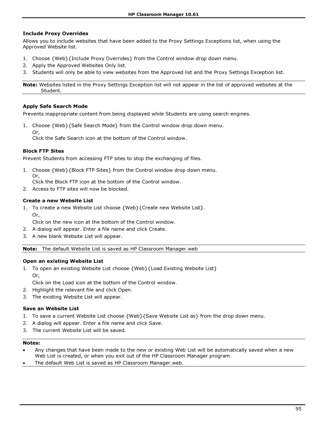 HP Classroom Manager manual Include Proxy Overrides, Apply Safe Search Mode, Block FTP Sites, Create a new Website List 