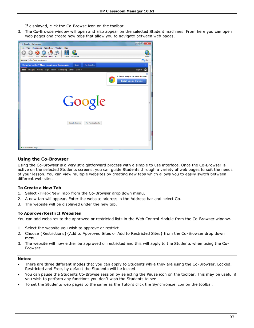 HP Classroom Manager manual Using the Co-Browser, To Create a New Tab, To Approve/Restrict Websites 