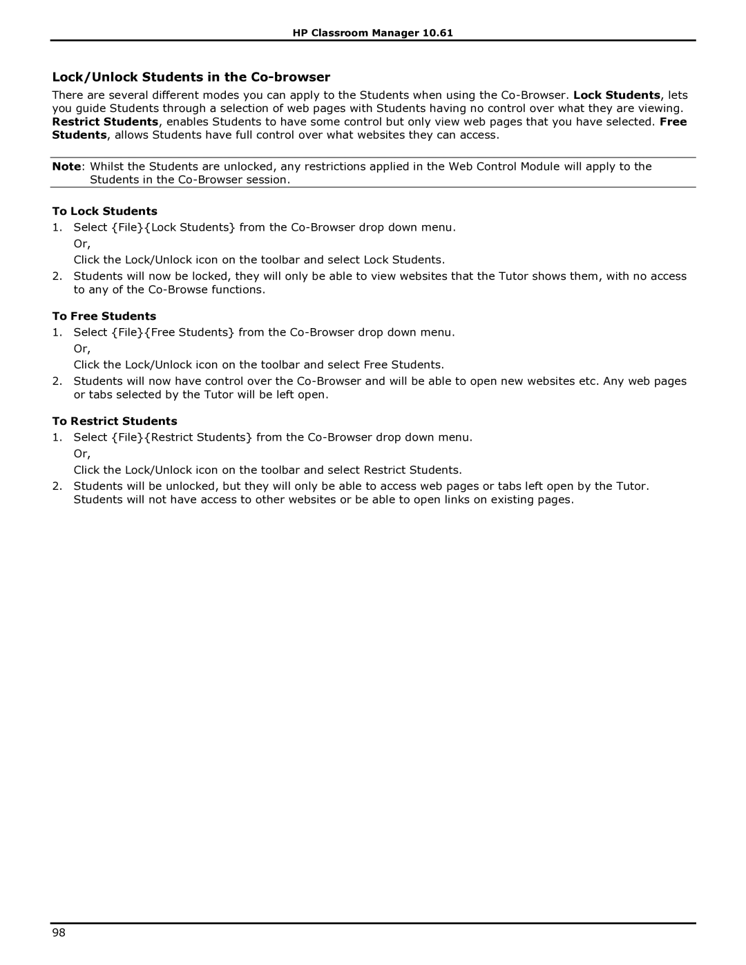 HP Classroom Manager Lock/Unlock Students in the Co-browser, To Lock Students, To Free Students, To Restrict Students 