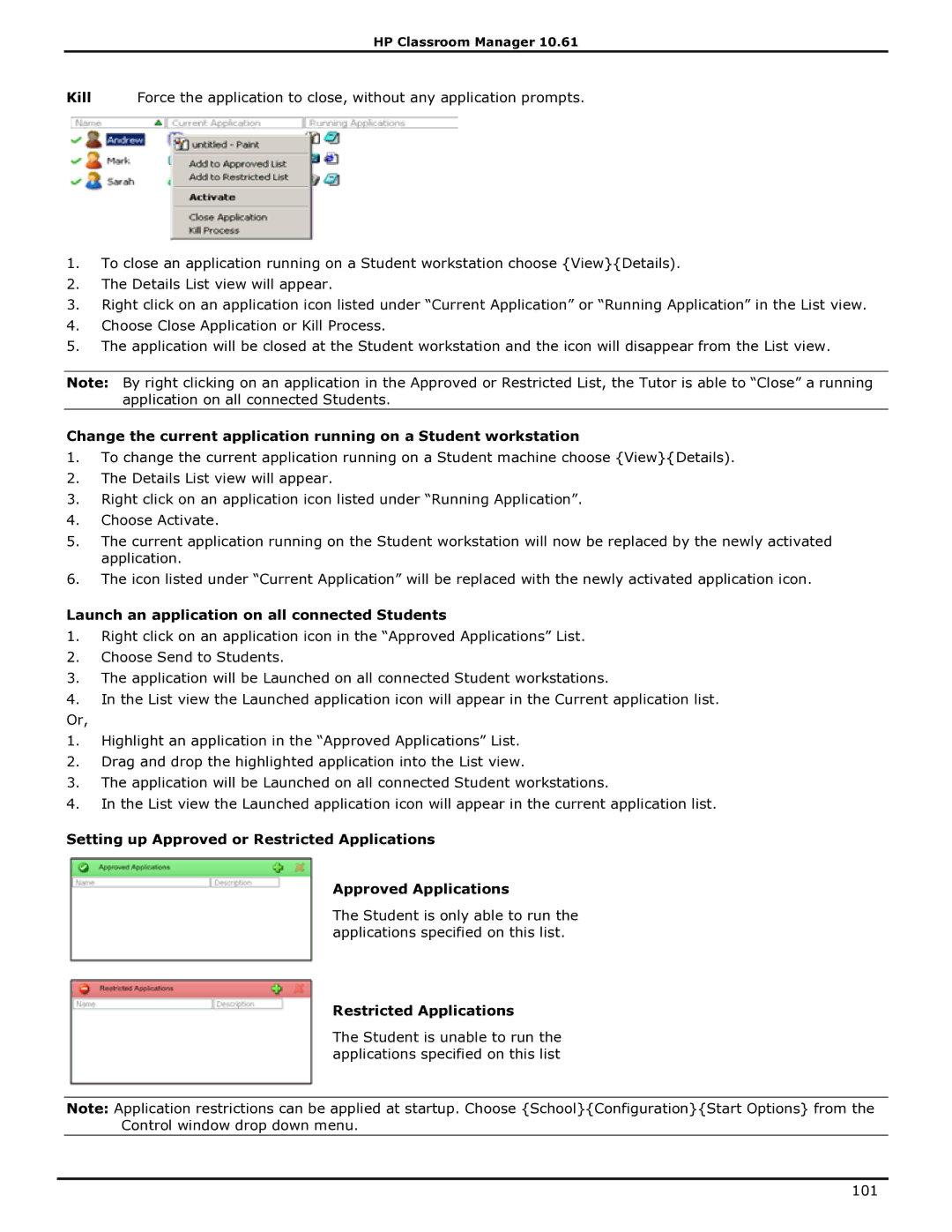 HP Classroom Manager manual Launch an application on all connected Students, Restricted Applications 