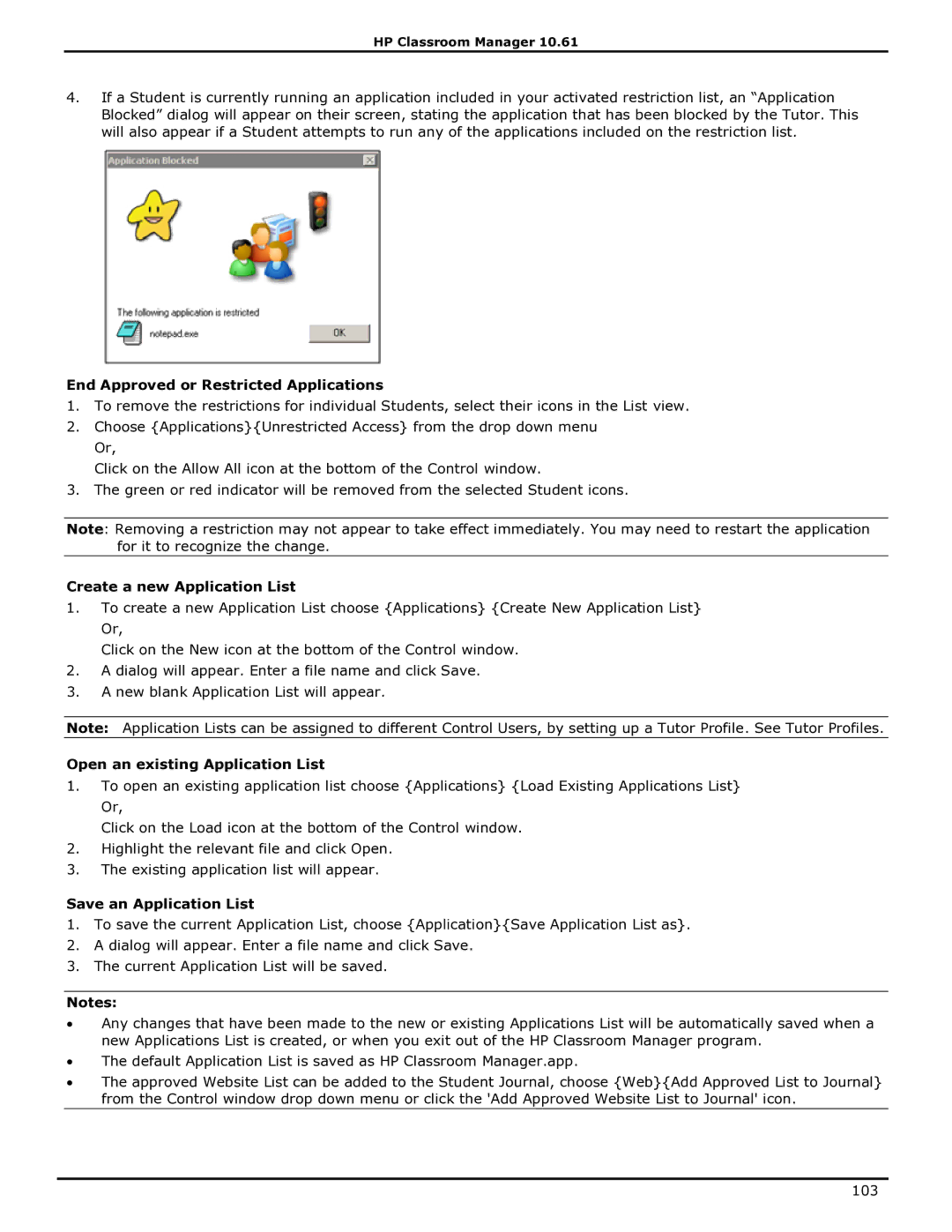 HP Classroom Manager End Approved or Restricted Applications, Create a new Application List, Save an Application List 