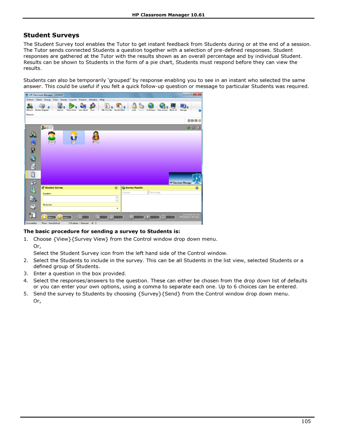 HP Classroom Manager manual Student Surveys, Basic procedure for sending a survey to Students is 