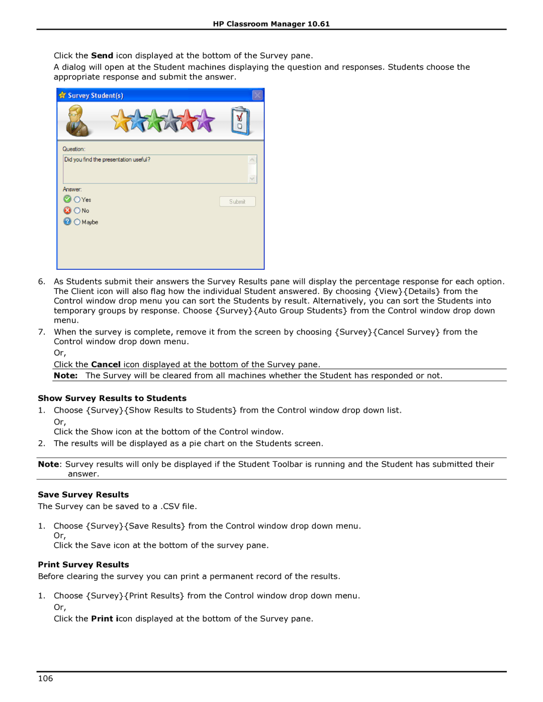 HP Classroom Manager manual Show Survey Results to Students, Save Survey Results, Print Survey Results 