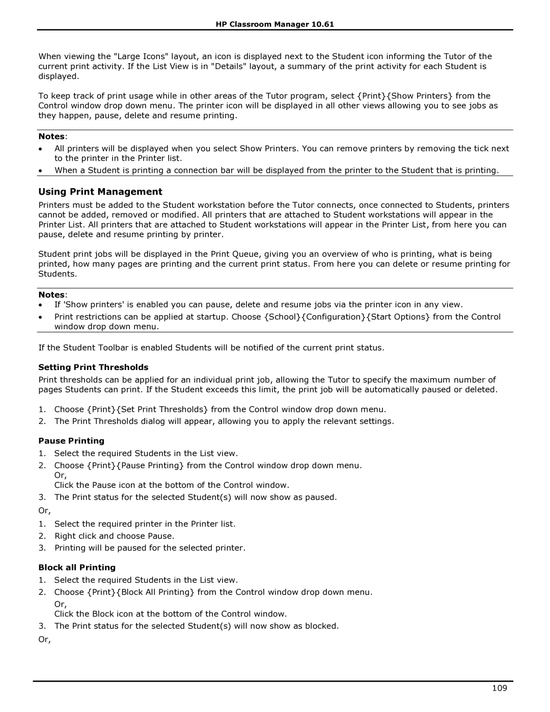 HP Classroom Manager manual Using Print Management, Setting Print Thresholds, Pause Printing, Block all Printing 