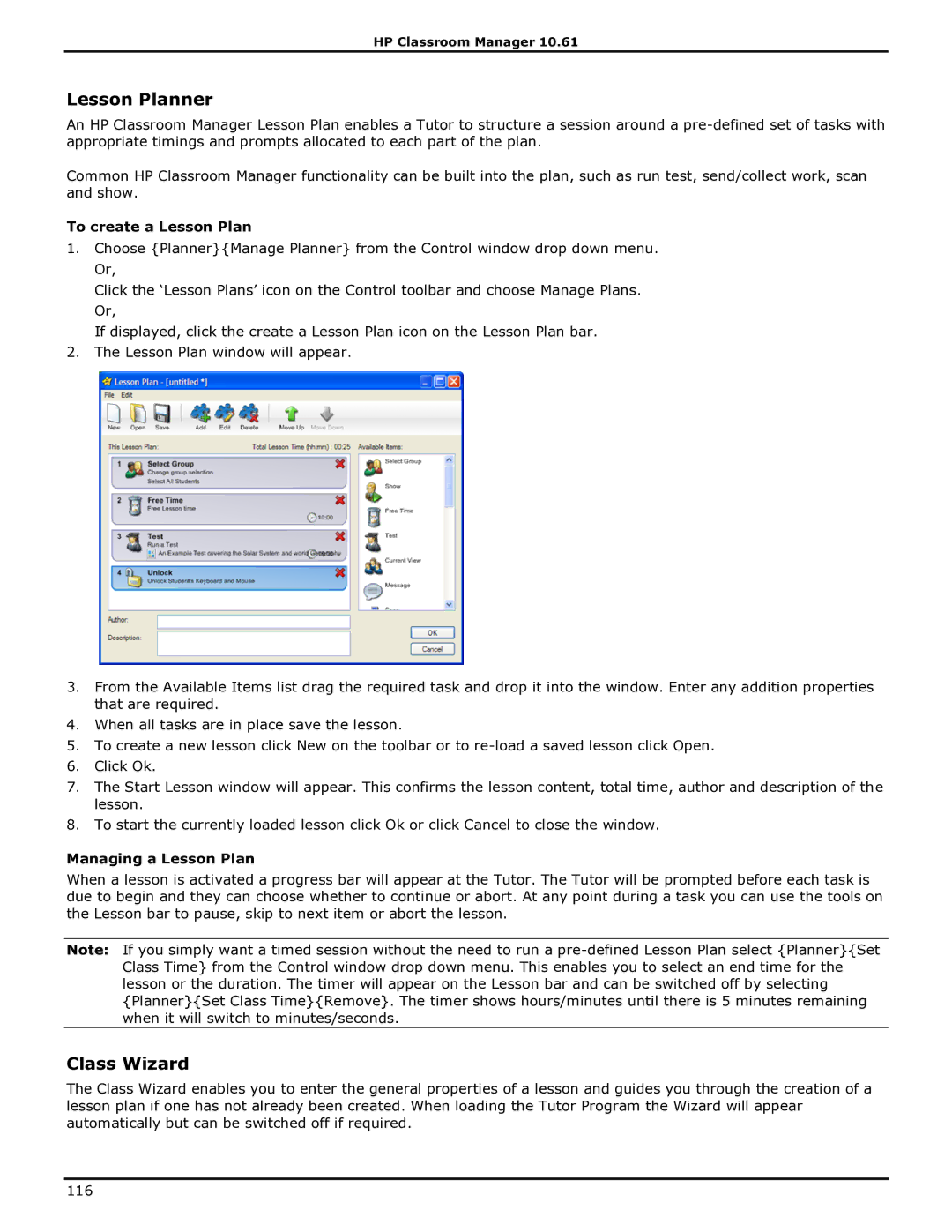 HP Classroom Manager manual Lesson Planner, Class Wizard, To create a Lesson Plan, Managing a Lesson Plan 