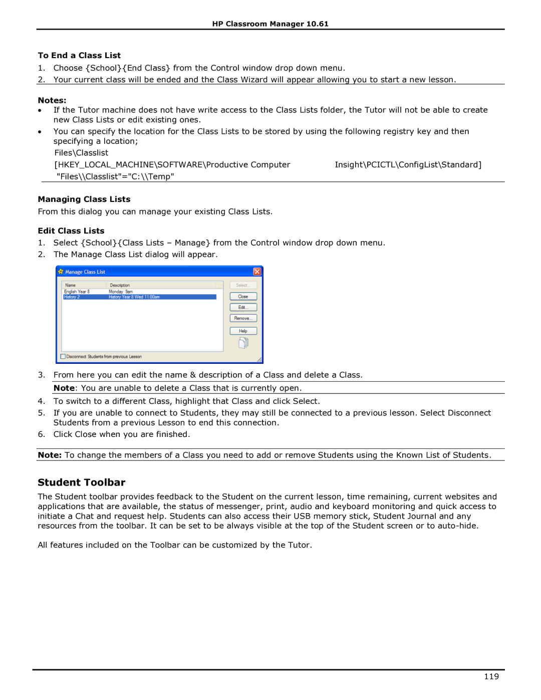 HP Classroom Manager manual Student Toolbar, To End a Class List, Managing Class Lists, Edit Class Lists 