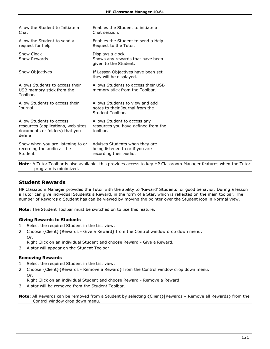 HP Classroom Manager manual Student Rewards, Giving Rewards to Students, Removing Rewards 