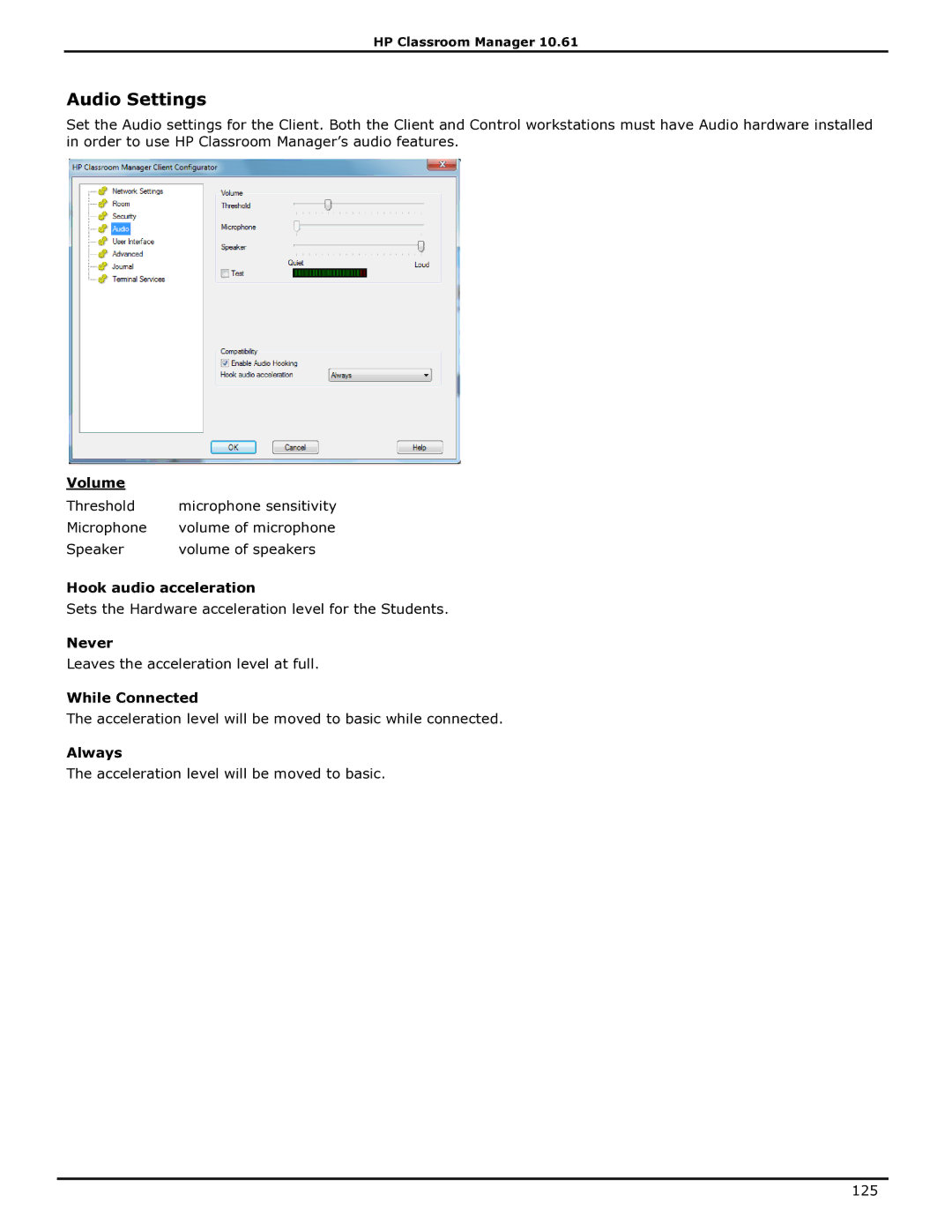 HP Classroom Manager manual Audio Settings 