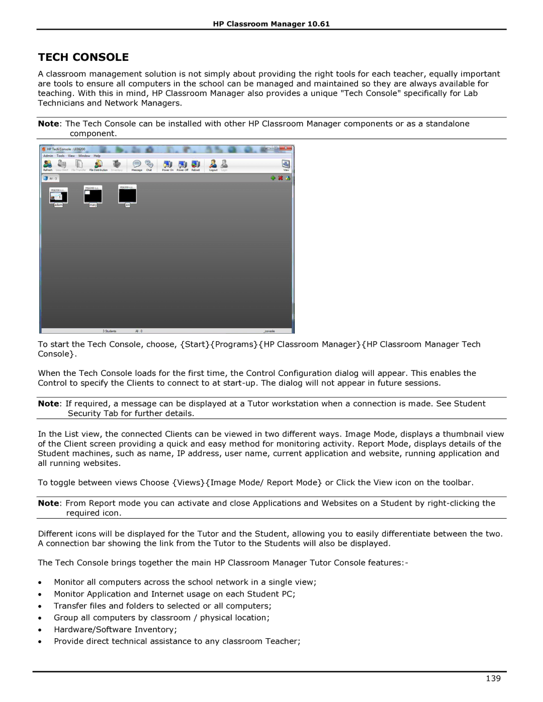 HP Classroom Manager manual Tech Console 