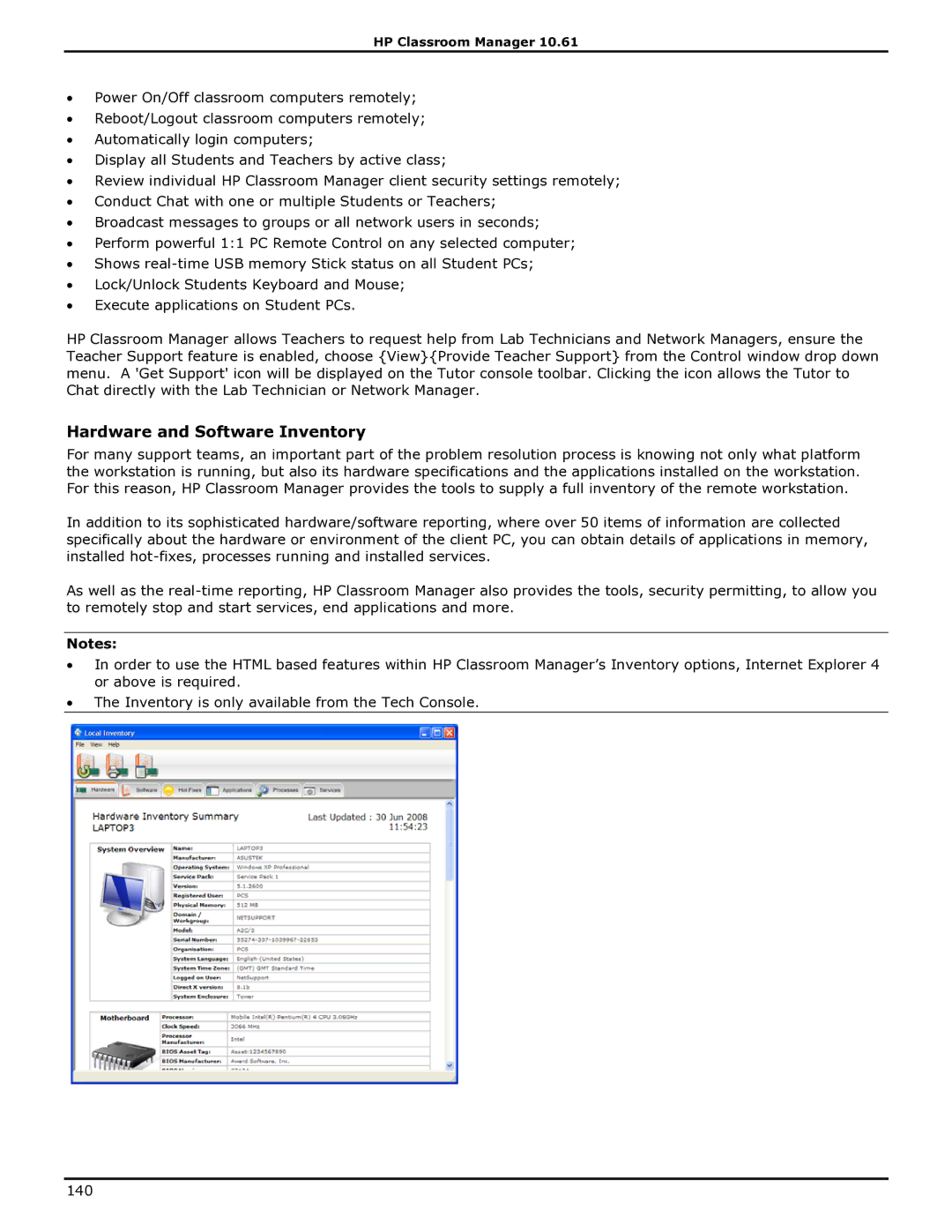 HP Classroom Manager manual Hardware and Software Inventory 