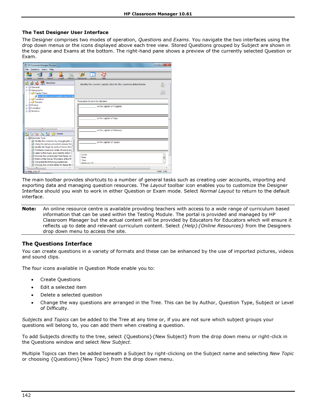 HP Classroom Manager manual Questions Interface, Test Designer User Interface 