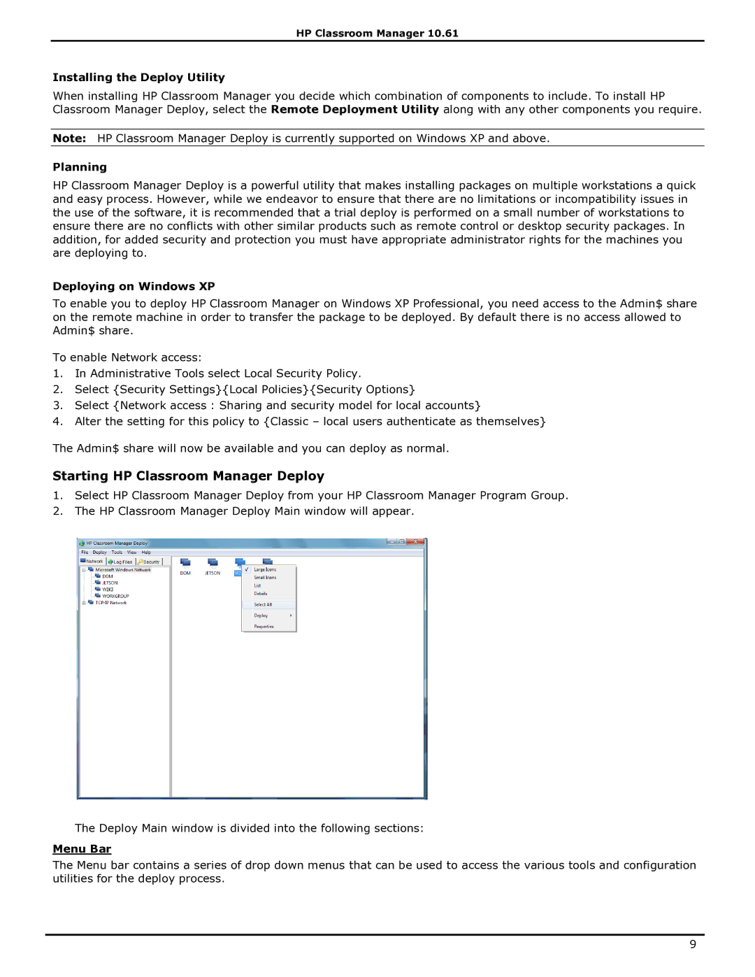 HP Starting HP Classroom Manager Deploy, Installing the Deploy Utility, Planning, Deploying on Windows XP, Menu Bar 