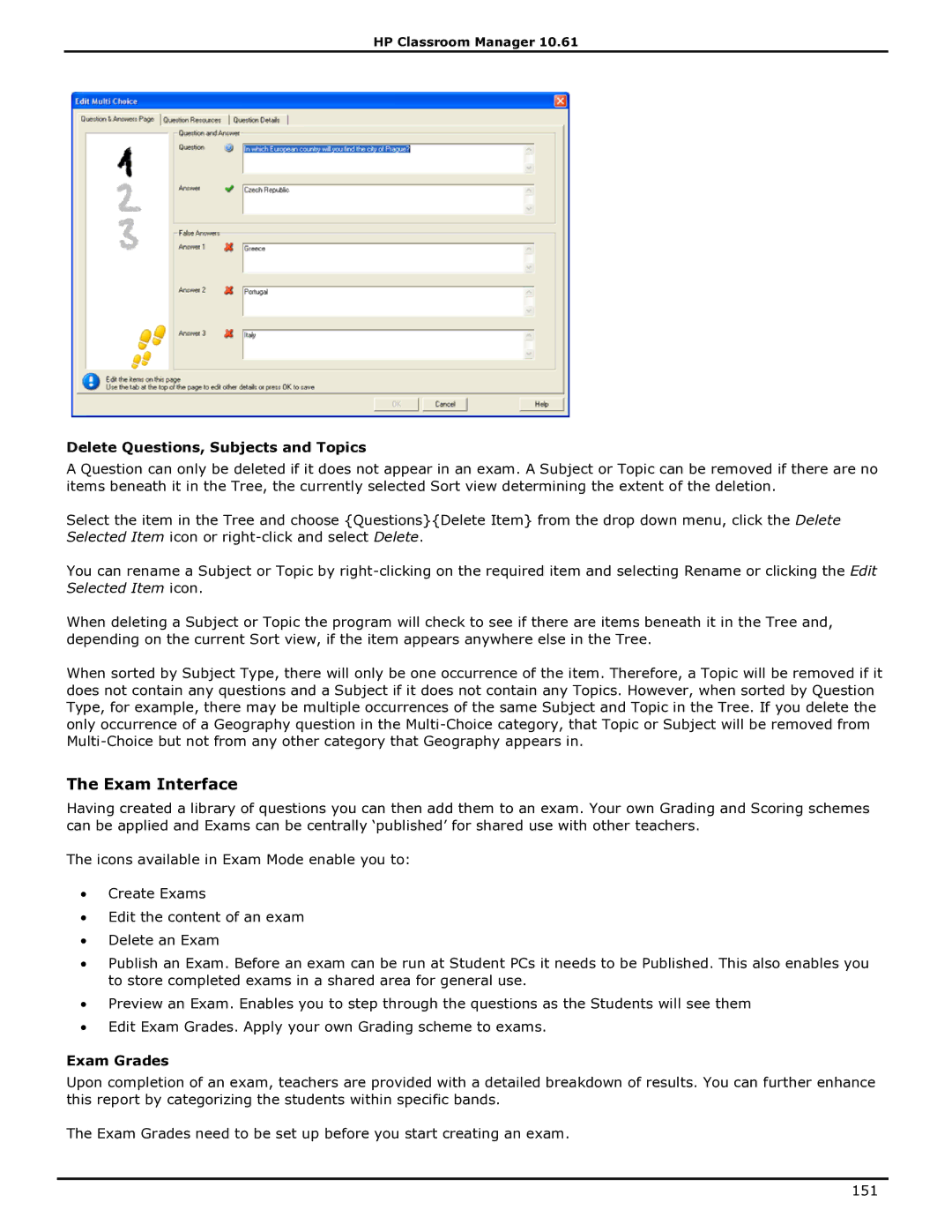 HP Classroom Manager manual Exam Interface, Delete Questions, Subjects and Topics, Exam Grades 