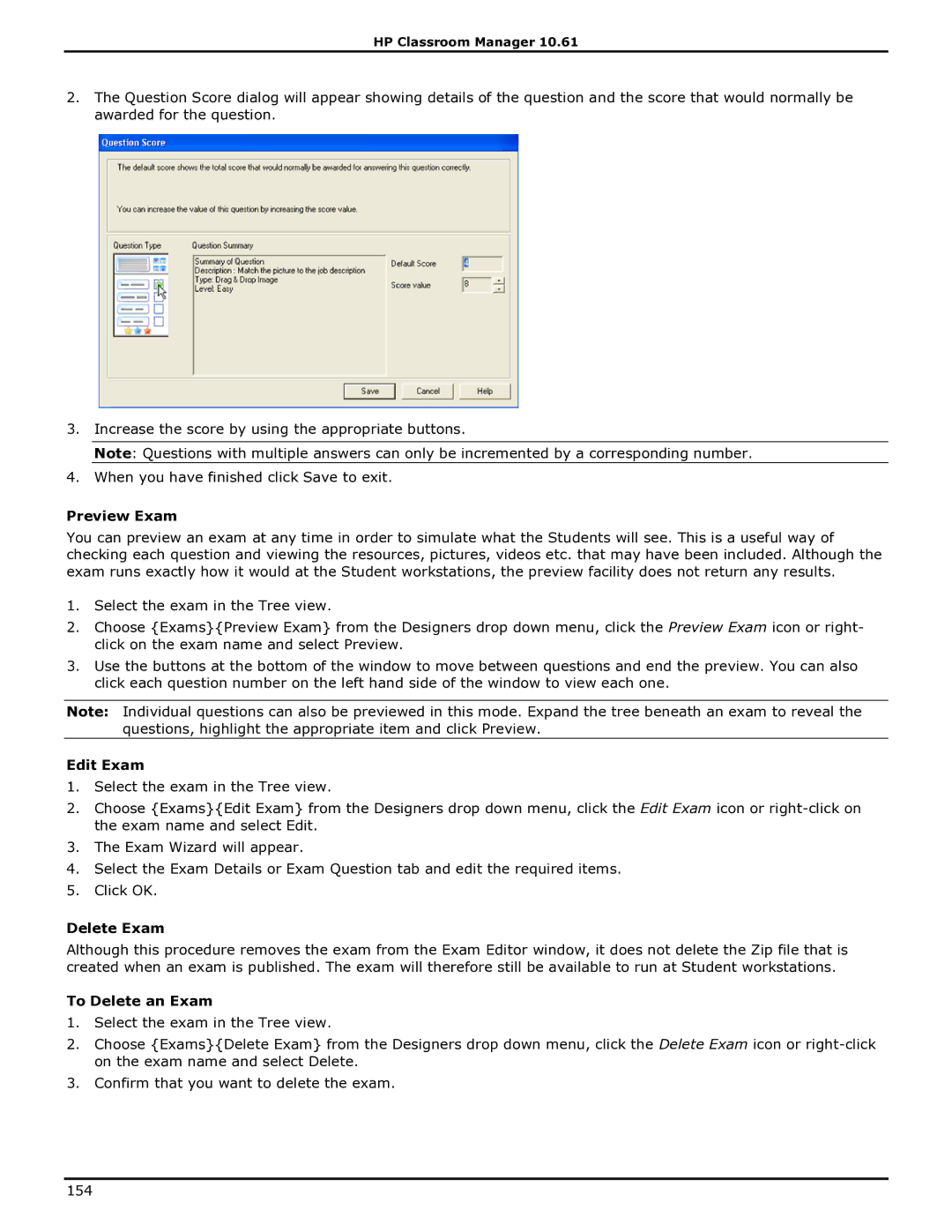 HP Classroom Manager manual Preview Exam, Edit Exam, Delete Exam, To Delete an Exam 