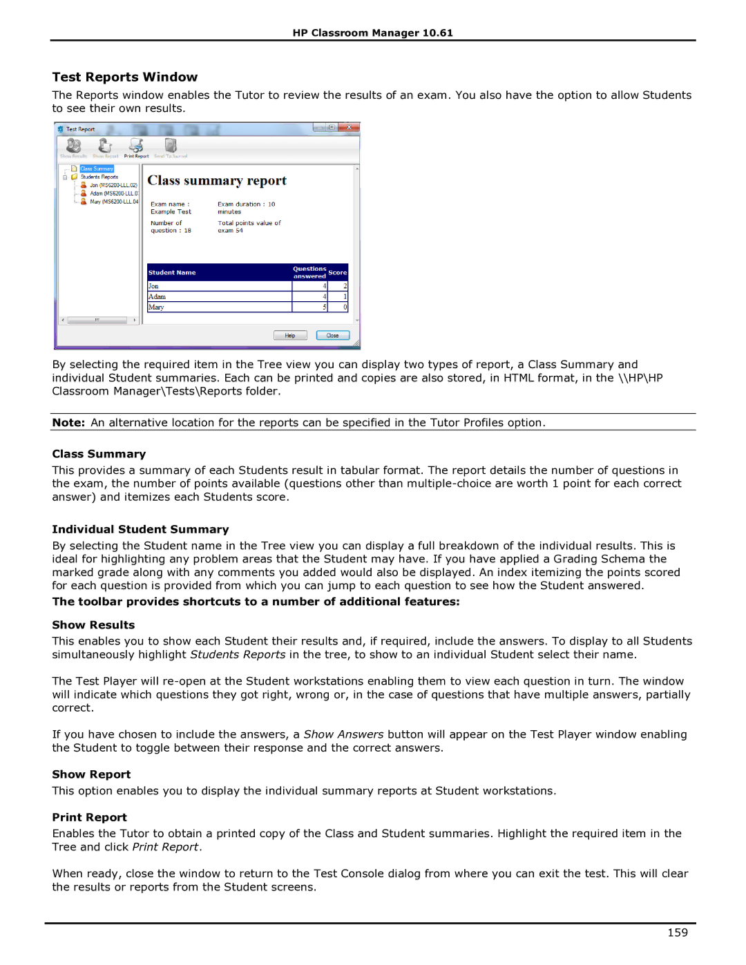 HP Classroom Manager manual Test Reports Window, Class Summary, Individual Student Summary, Show Report, Print Report 