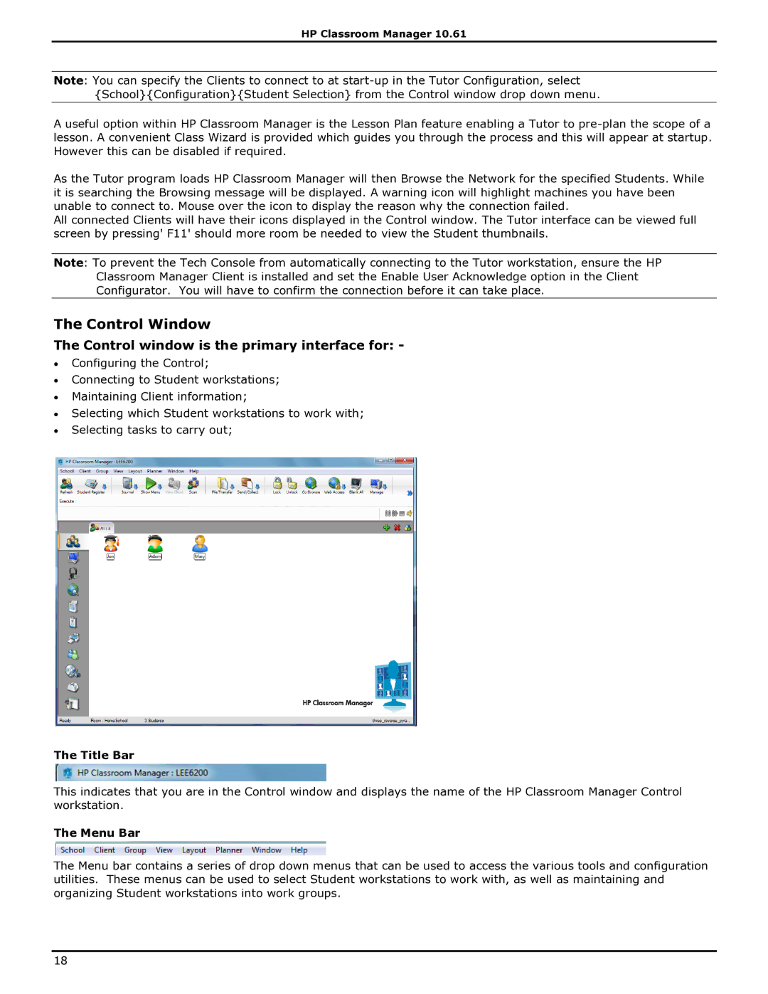 HP Classroom Manager manual Control Window, Control window is the primary interface for, Title Bar 