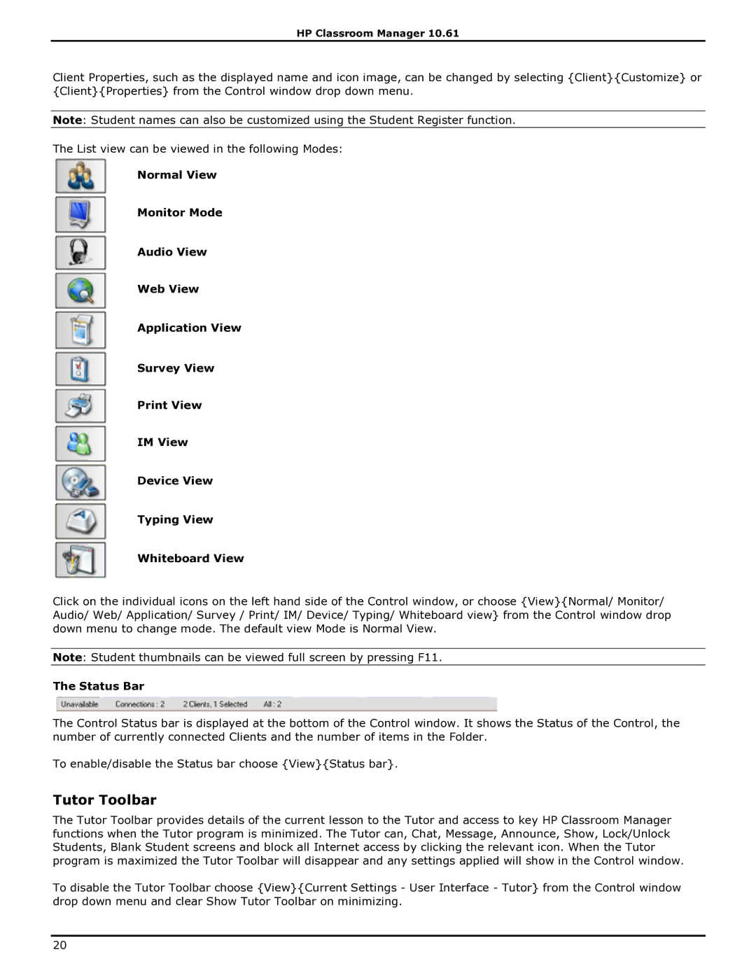 HP Classroom Manager manual Tutor Toolbar, Status Bar 