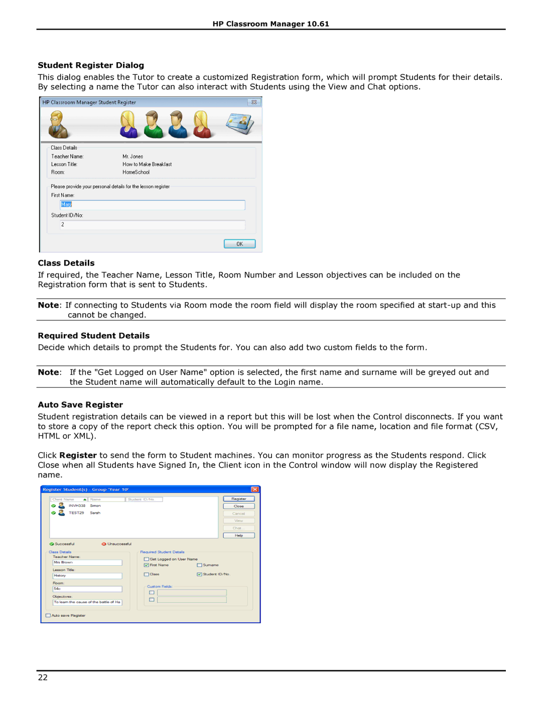 HP Classroom Manager manual Student Register Dialog, Class Details, Required Student Details, Auto Save Register 