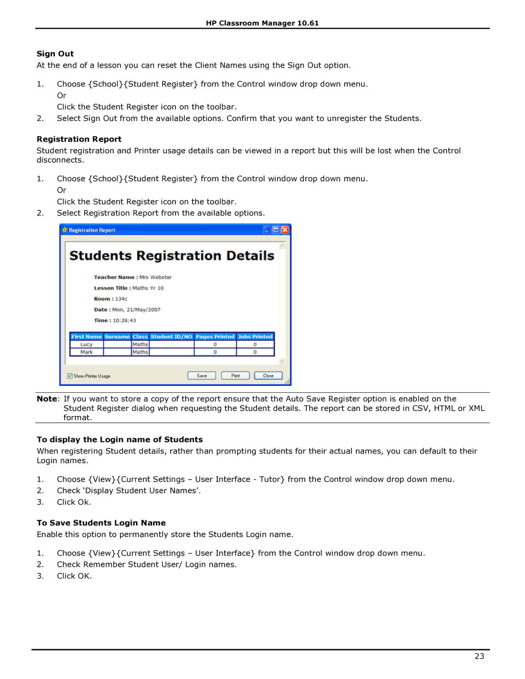 HP Classroom Manager Sign Out, Registration Report, To display the Login name of Students, To Save Students Login Name 