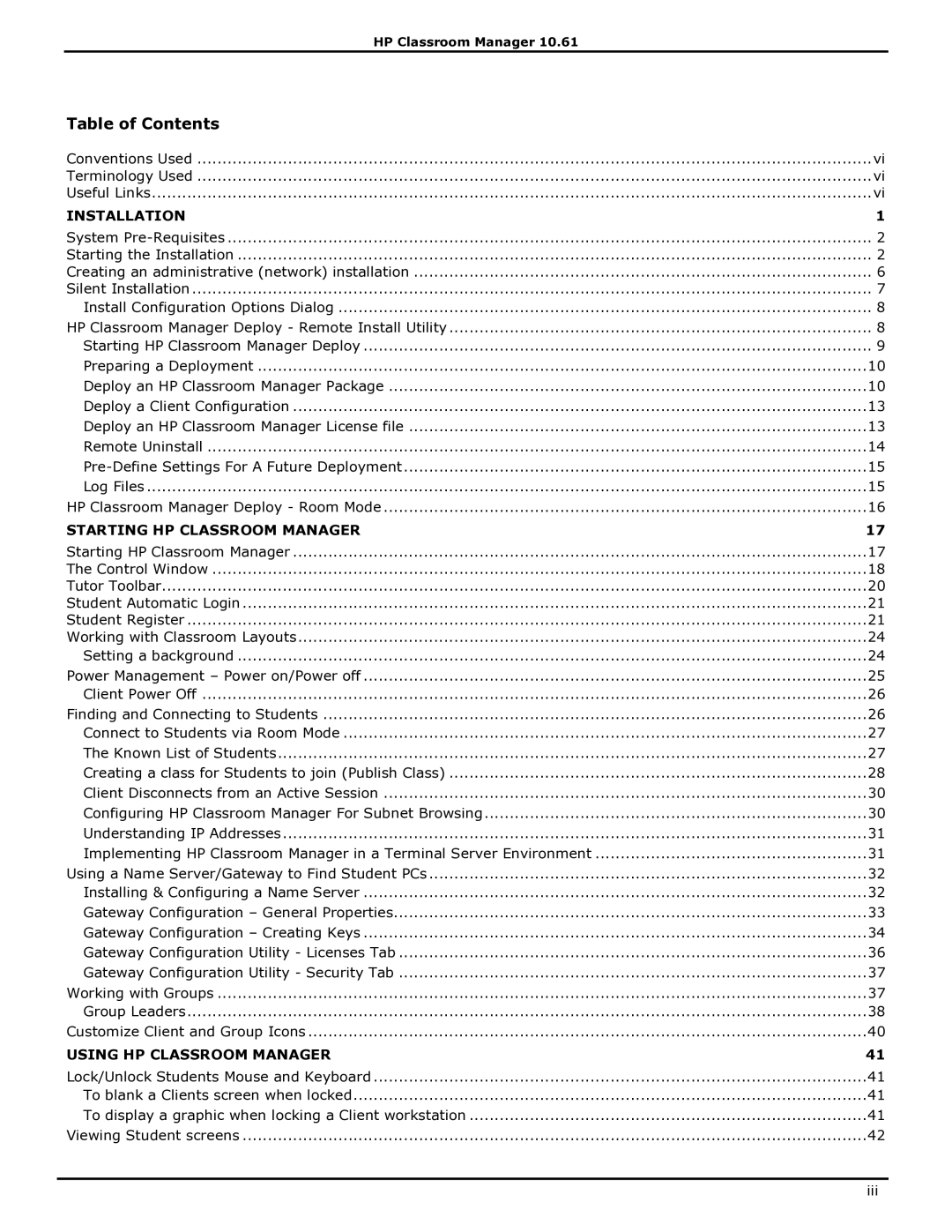 HP Classroom Manager manual Table of Contents 