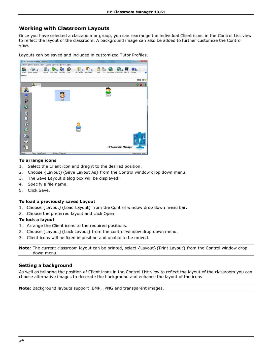 HP Classroom Manager manual Working with Classroom Layouts, Setting a background, To arrange icons, To lock a layout 