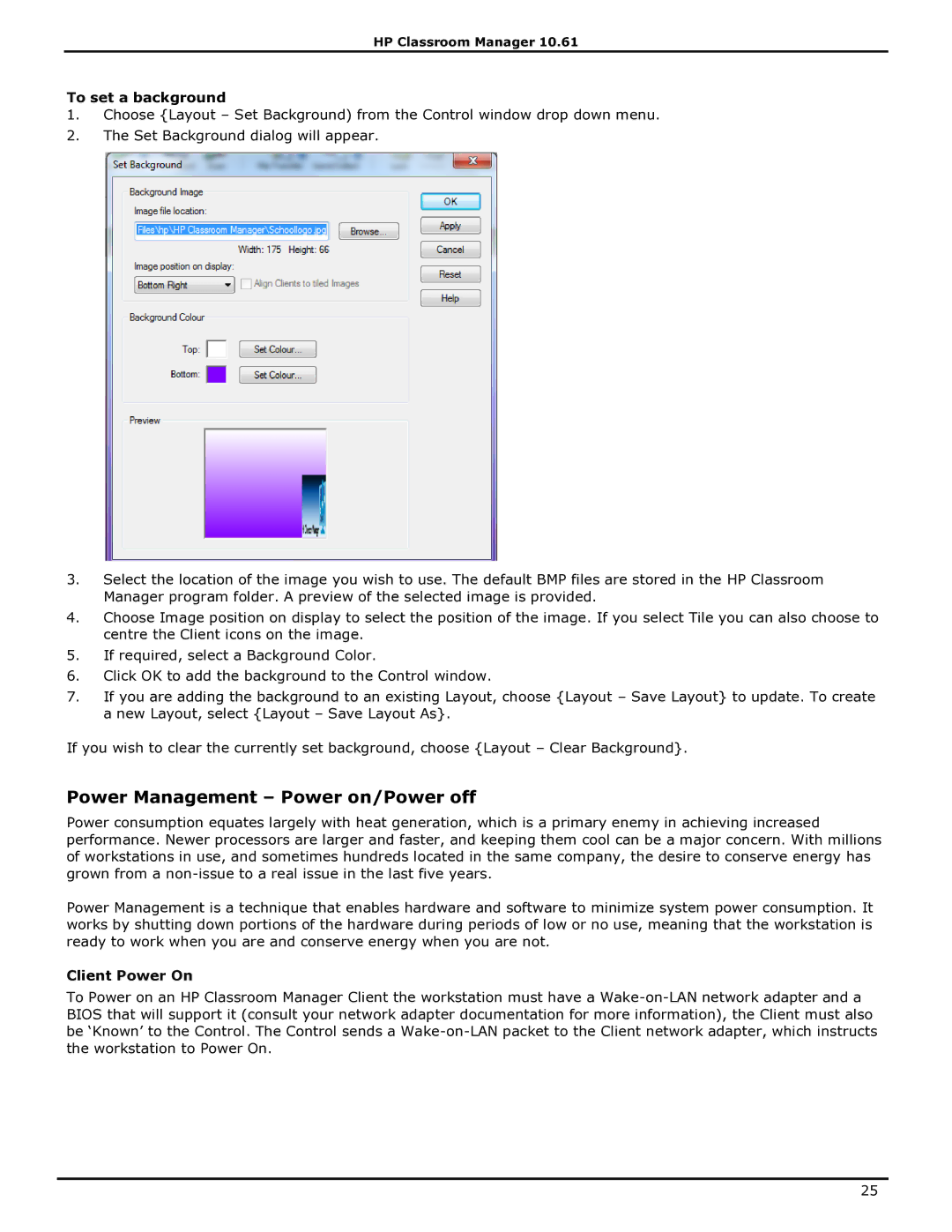 HP Classroom Manager manual Power Management Power on/Power off, To set a background, Client Power On 