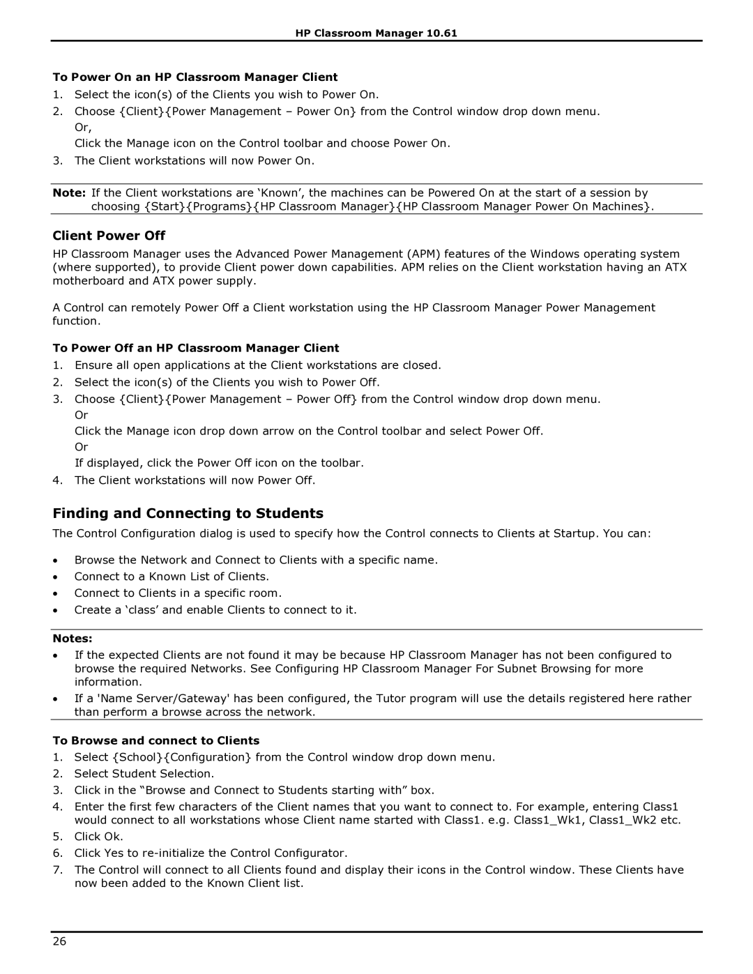 HP manual Finding and Connecting to Students, Client Power Off, To Power On an HP Classroom Manager Client 