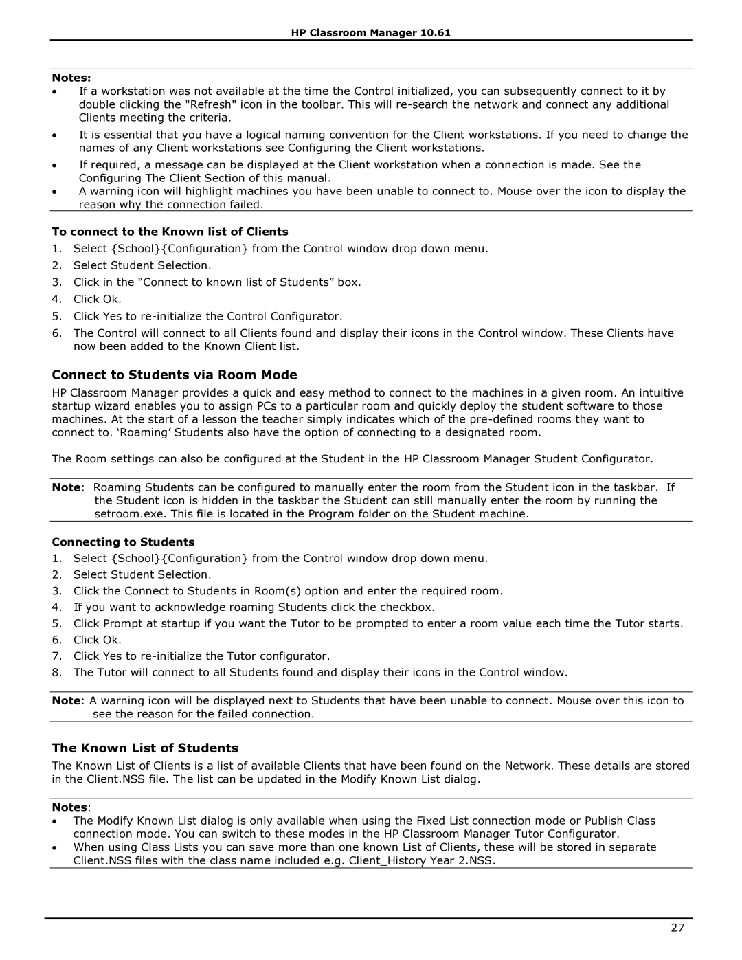 HP Classroom Manager Connect to Students via Room Mode, Known List of Students, To connect to the Known list of Clients 