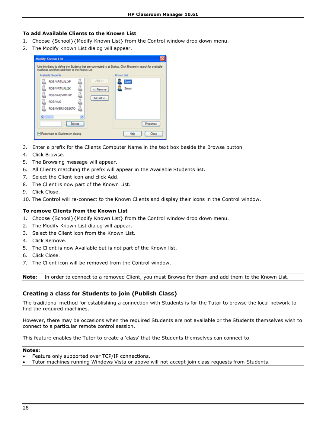 HP Classroom Manager manual Creating a class for Students to join Publish Class, To add Available Clients to the Known List 