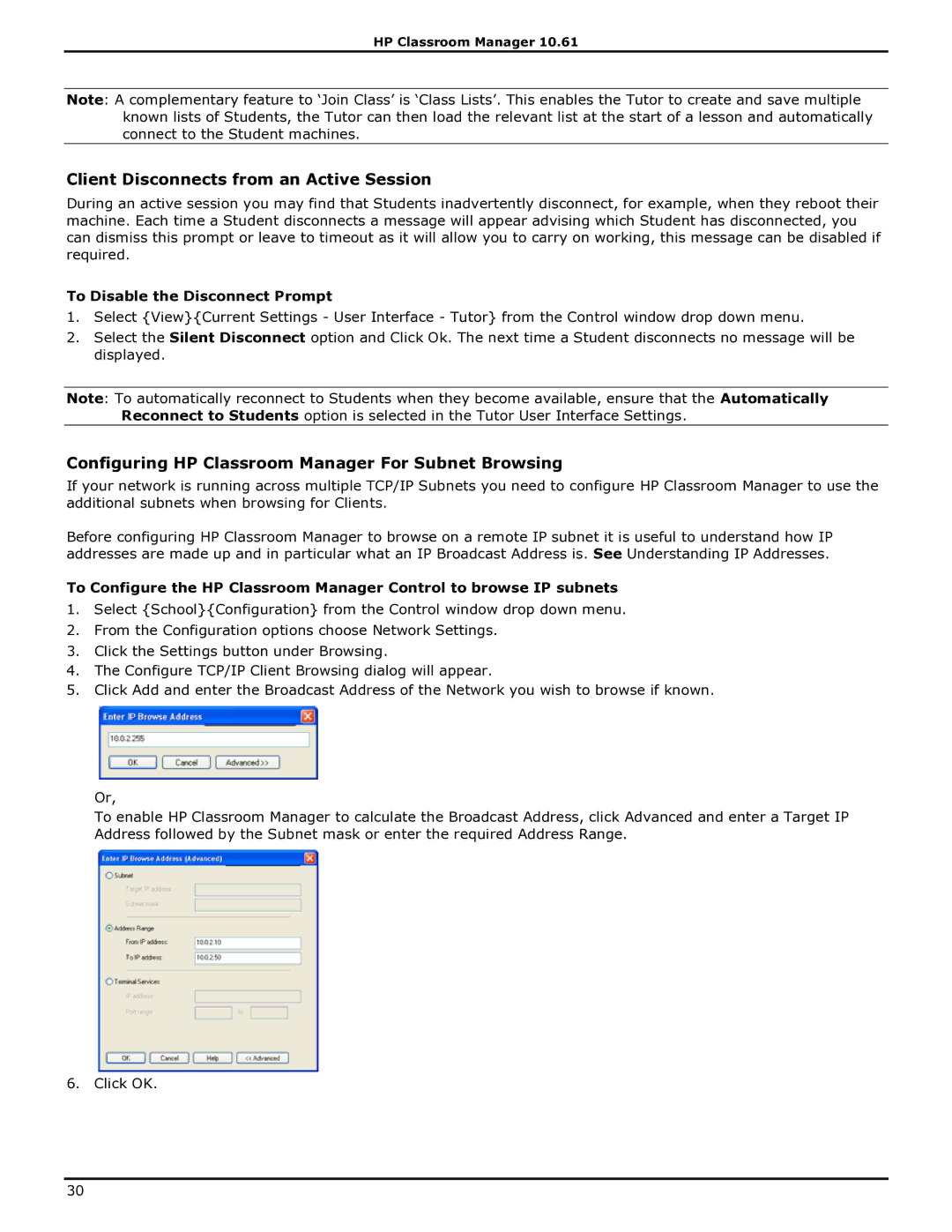 HP manual Client Disconnects from an Active Session, Configuring HP Classroom Manager For Subnet Browsing 