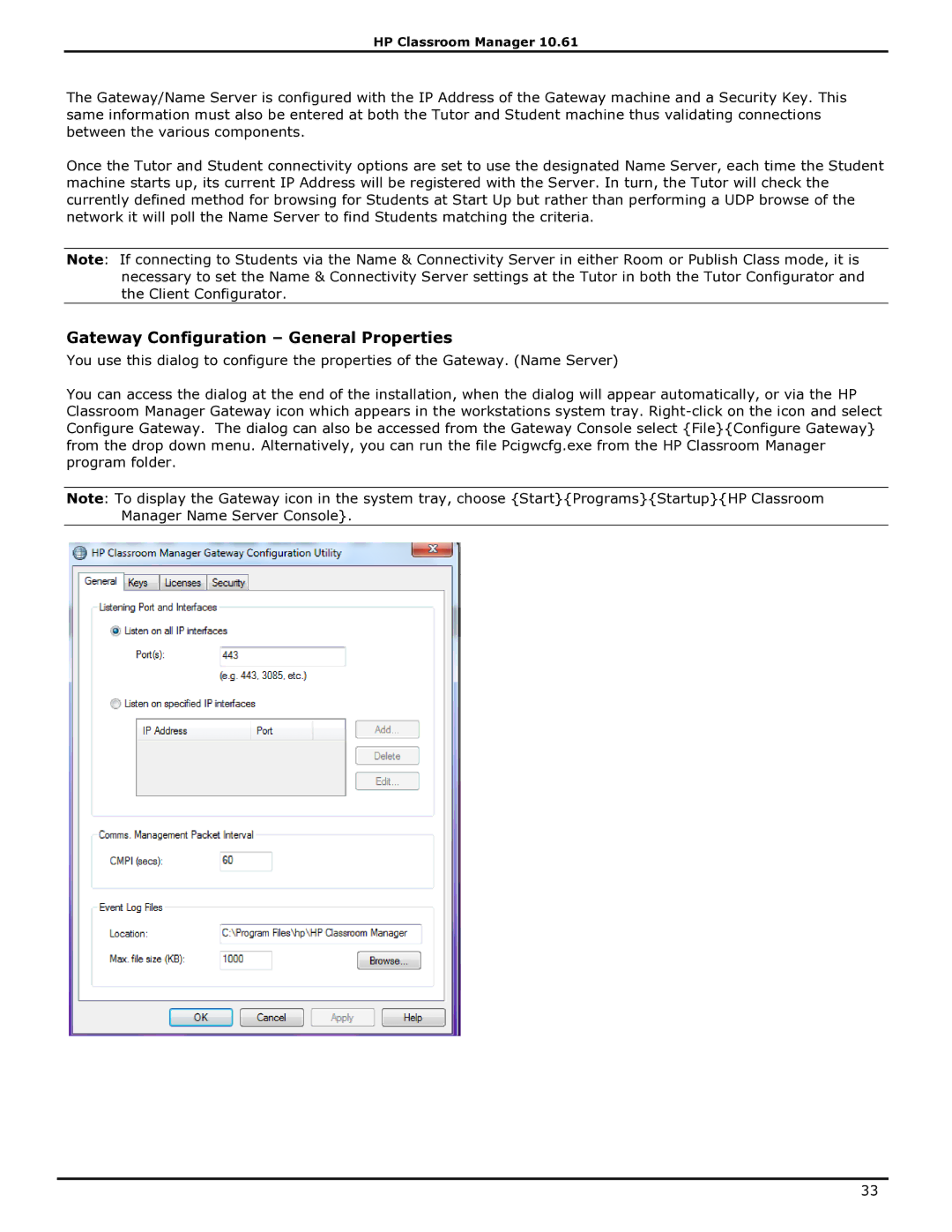 HP Classroom Manager manual Gateway Configuration General Properties 