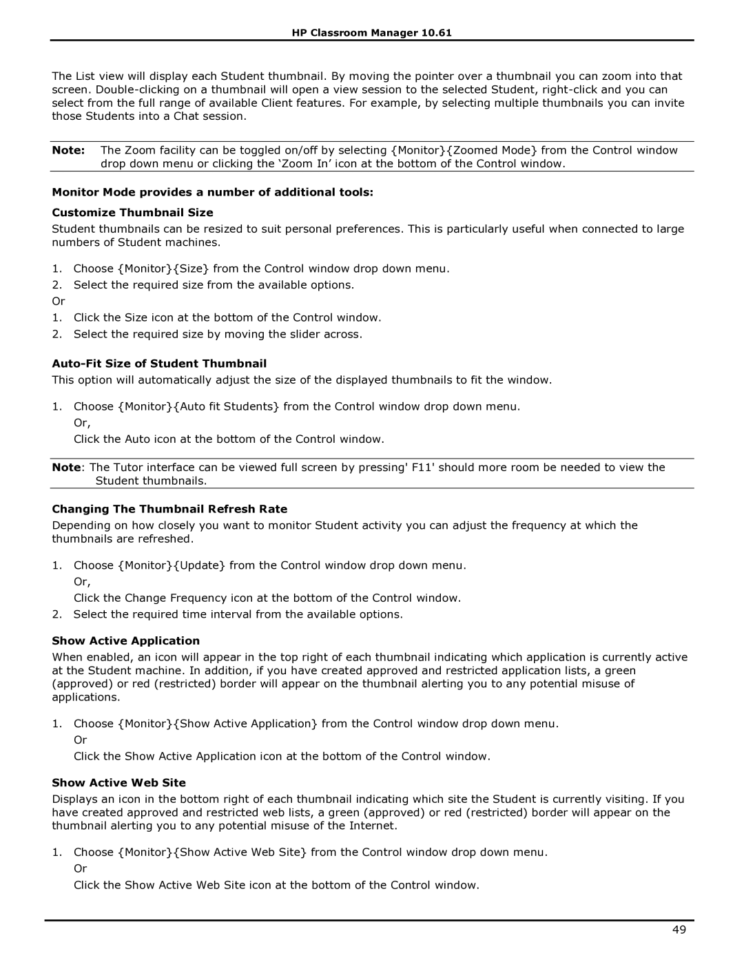 HP Classroom Manager Auto-Fit Size of Student Thumbnail, Changing The Thumbnail Refresh Rate, Show Active Application 