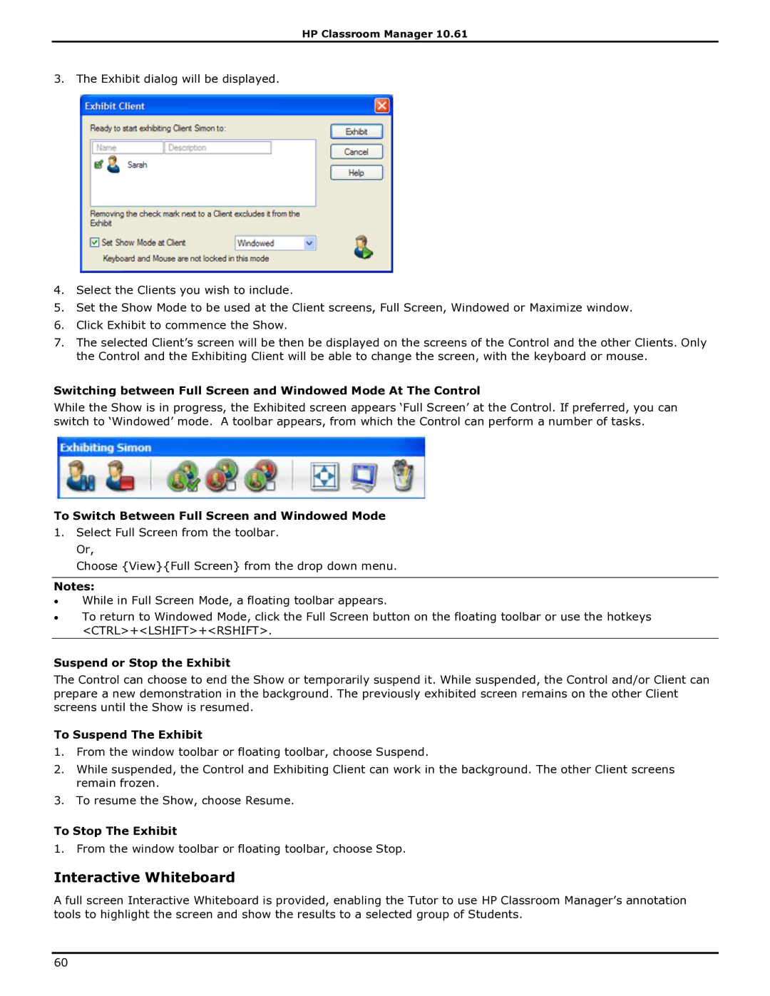 HP Classroom Manager Interactive Whiteboard, To Switch Between Full Screen and Windowed Mode, Suspend or Stop the Exhibit 